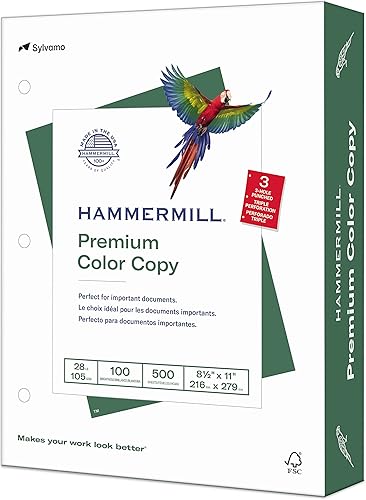 Hammermill Papel de impresora, papel de copia de color prémium de 28 libras, 3 agujeros - 1 resma (500 hojas) - brillo 100, fabricado en los Estados