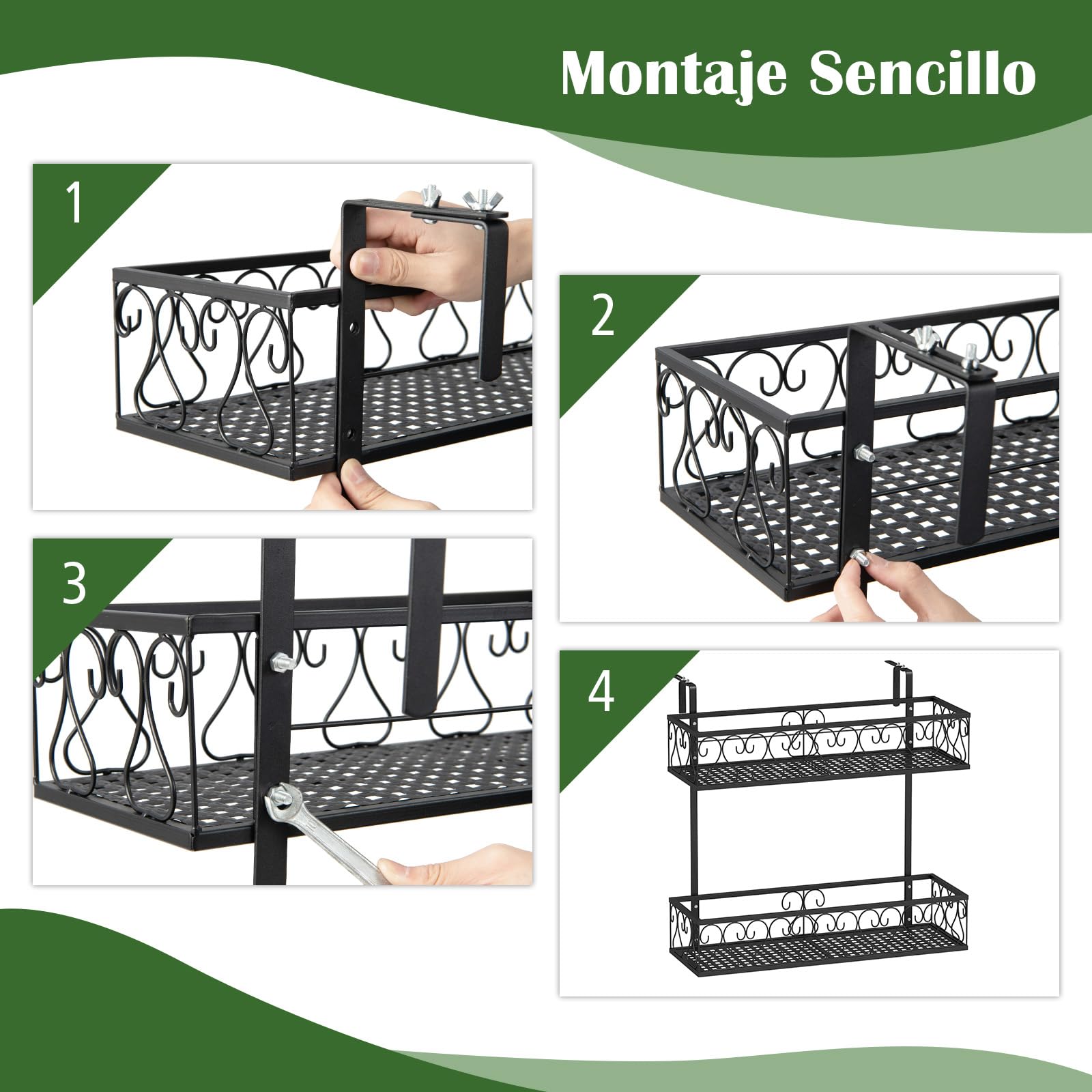 RELAX4LIFE Soporte Vertical para Macetas para Balcón de 2 Niveles con Gancho Ajustable, Estantería Colgante de Metal para Terraza, Jardín, Balcón, Patio, Negro