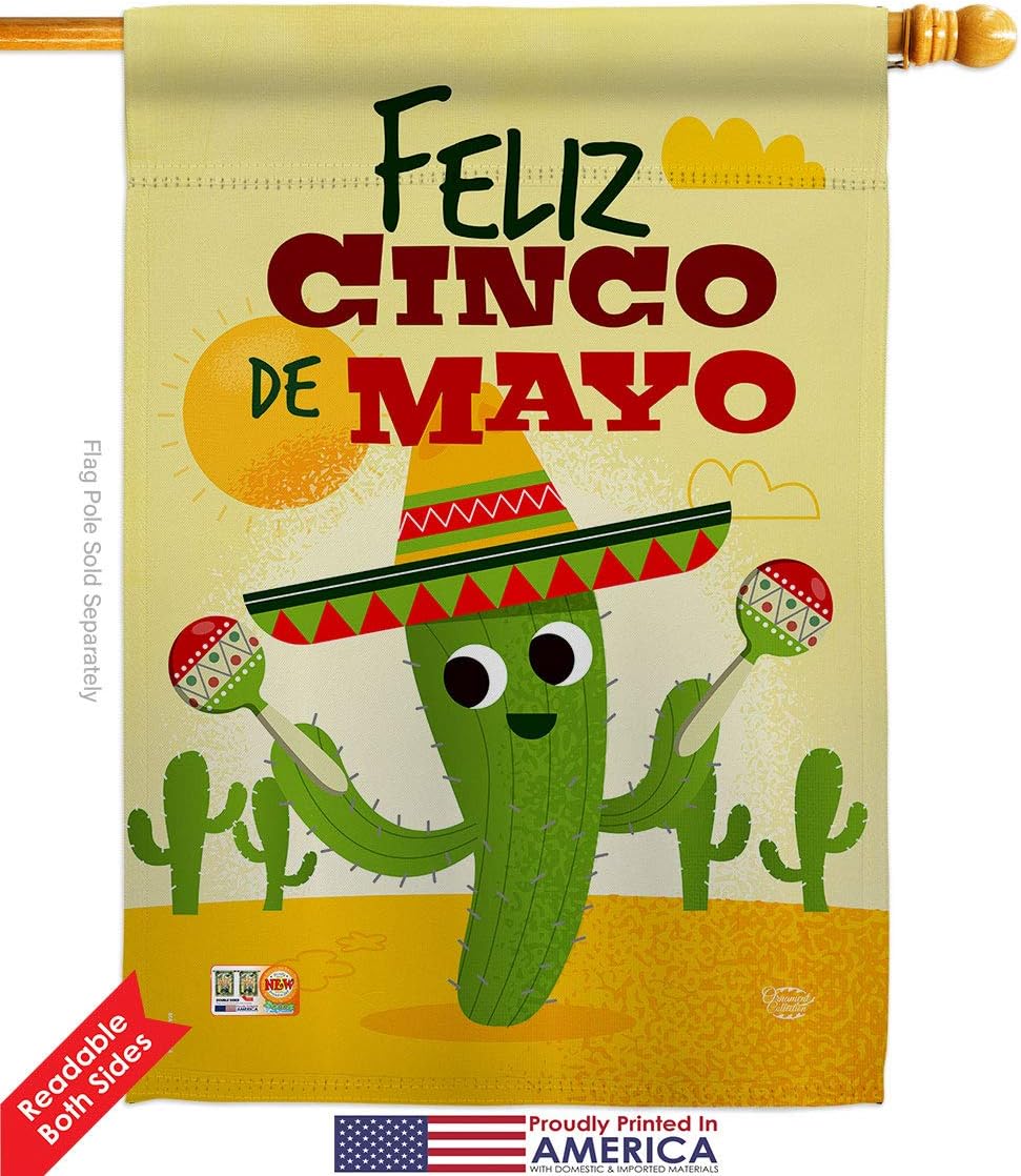 Feliz Cinco de Mayo House Flag Summertime Party Cactus Pinata Sombrero Mexican Fiesta Outdoor Small Decorative Gift Yard Banner Double-Sided Made In USA 28 X 40