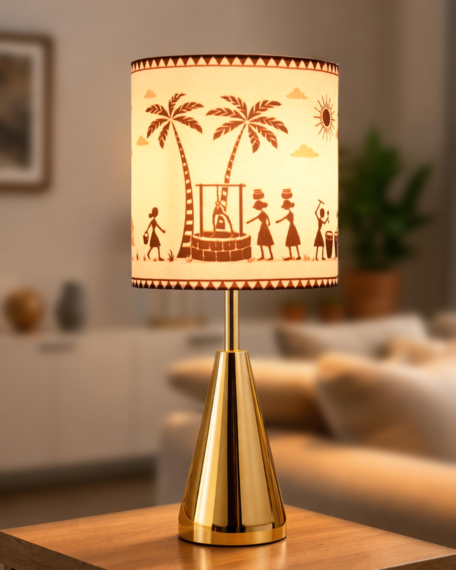Homesake® Luxe Cone Gold Table Lamp with Fabric Drum Shade, Modern Decorative Bedside Lamp for Bedroom, Living Room & Lighting, Nightstands Desks, Home Decor (Warli Art of India Shade)-image-22