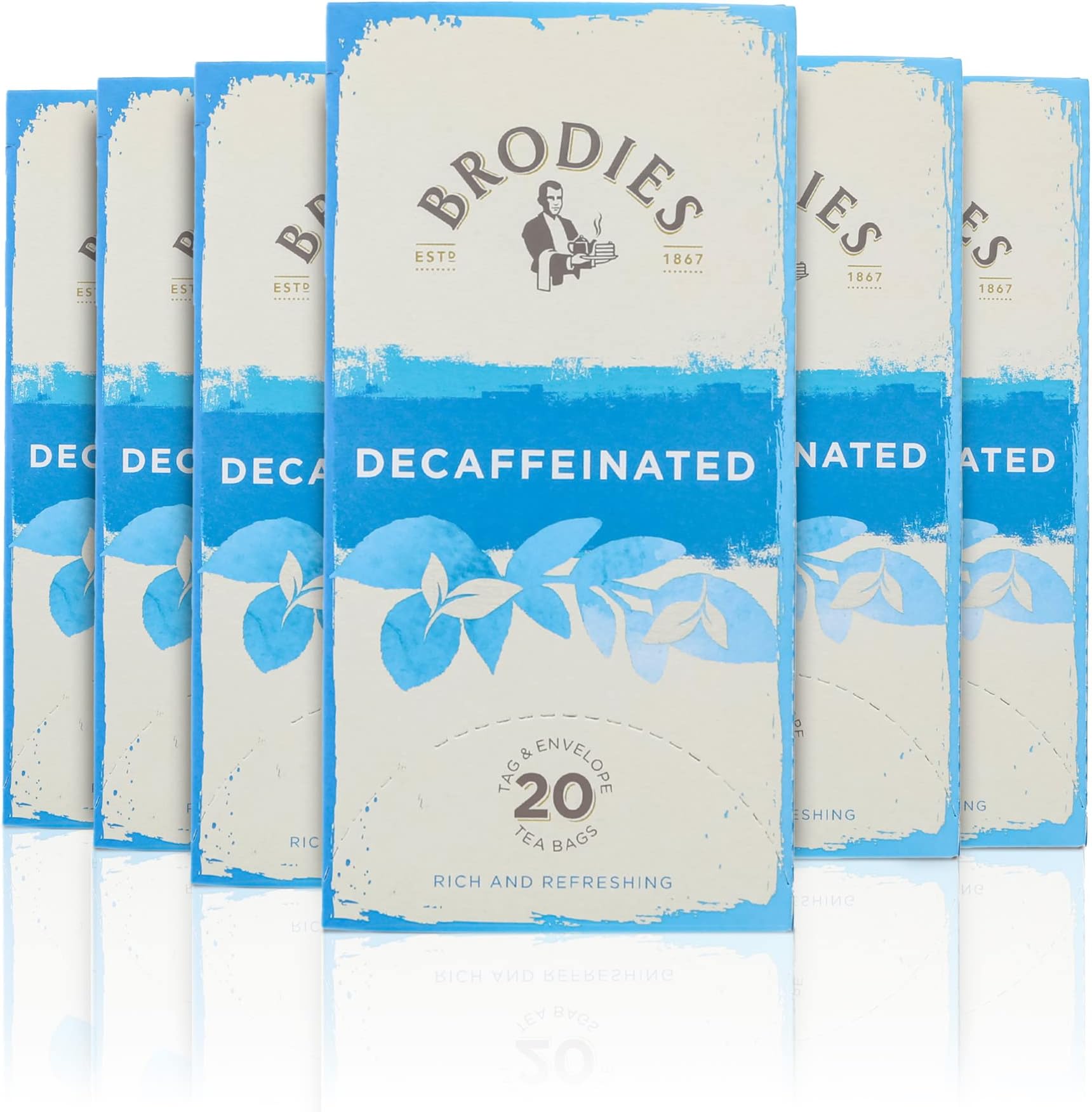 Brodies decaffeinated tea Tag and Envelope - 6 boxes of 20 tea bags each (120 tea bags in total) - Black tea with a mellow and refreshing taste, decaffeinated in the natural way