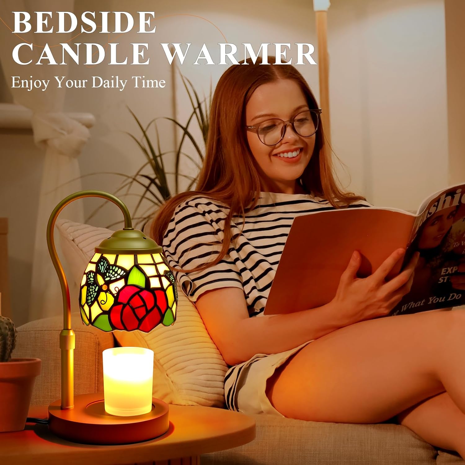 Candle Warmer Lamp with Timer Dimmer, Butterfly Tiffany Style Stained Glass Candle Lamp Warmer, Adjustable Wax Melt Warmer with 2 Bulbs for Small Jar Candles Valentine Birthday Gifts for Women