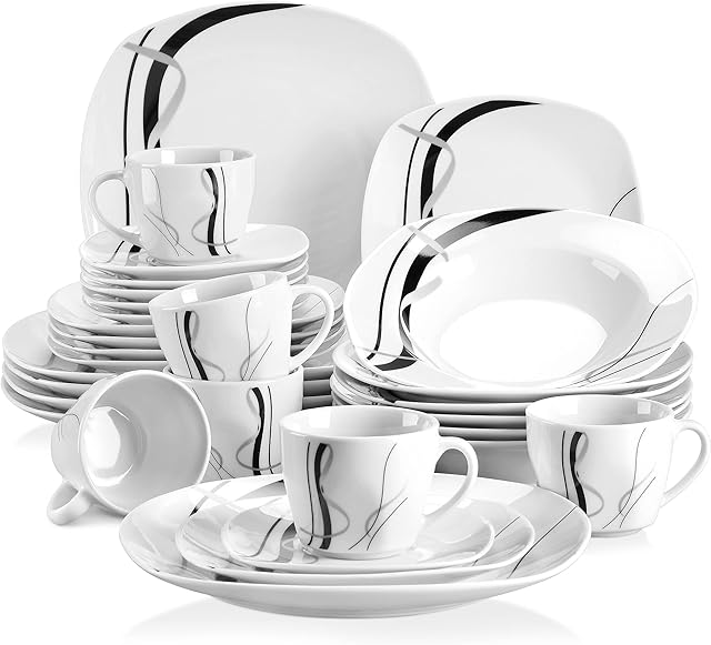 VEWEET 'Fiona' 30-Piece Dinner Set Ivory White Black Lines Porcelain China Ceramic Combination Sets with Dessert Plates/Soup Plates/Dinner Plates/Cups/Saucers, Service for 6