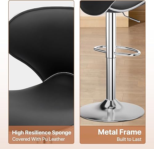 Miniatura 6 de Magshion Juego de 2 taburetes de bar ajustables de piel sintética, modernos taburetes giratorios con respaldo y reposapiés, sillas de encimera de