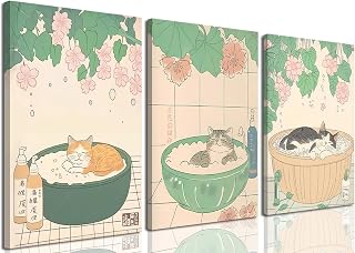 Funny Bathroom Wall Art Set of 3, Cute Japanese Cat Bathtub Wall Decor Paintings, Eclectic Animal Bathroom Poster Canvas Prints Artwork for Restroom Living Room Bedroom 12x16 inch Framed