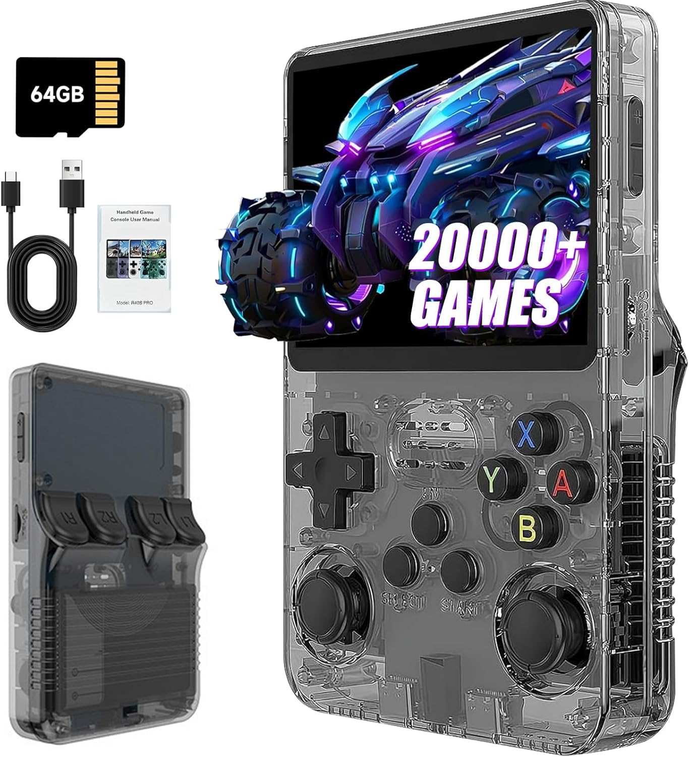 R36S Retro Handheld Game Console, 3.5in IPS , Preloaded with 40000+Classic Games, Portable Game Console,30 +Game Emulator, Linux System,3500mah Rechargeable Battery (Transparent Black)