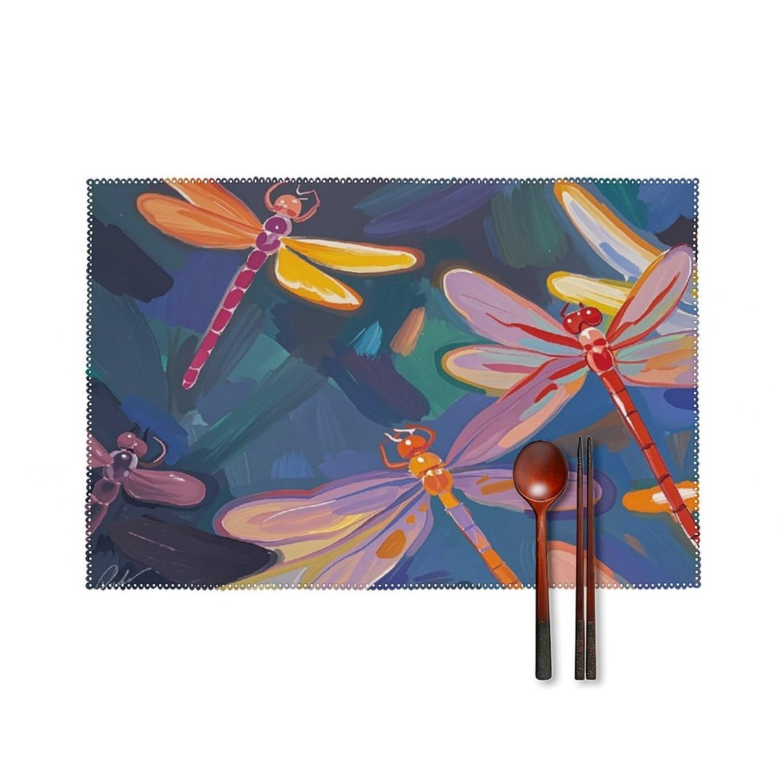Hand Painted Dragonfly Placemats Set of 6 Heat Resistant Non-Slip Place Mats Washable Wipeable Table Mats Elegant Farmhouse Placemat for Kitchen Dining Outdoor Party Table Decor