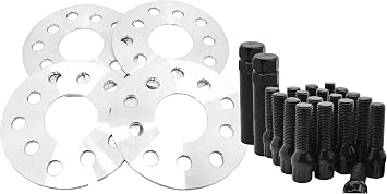 4 Pc 5x100 & 5x112 MM Hub Centric Wheel Spacers | 5 MM Thick + Black Locking Spline Tuner Lug Bolts - Aftermarket Wheels Small Diameter