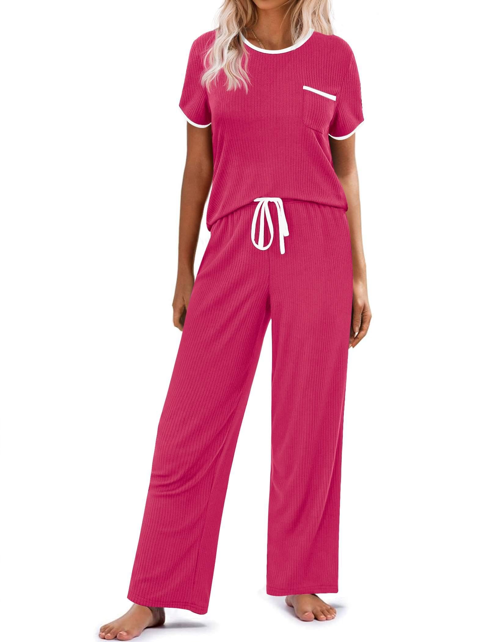 Ekouaer Women Lounge Pajamas Sets Ribbed Knit PJ Short Sleeve and Long Pajama Pant Soft 2 Piece Sleepwear