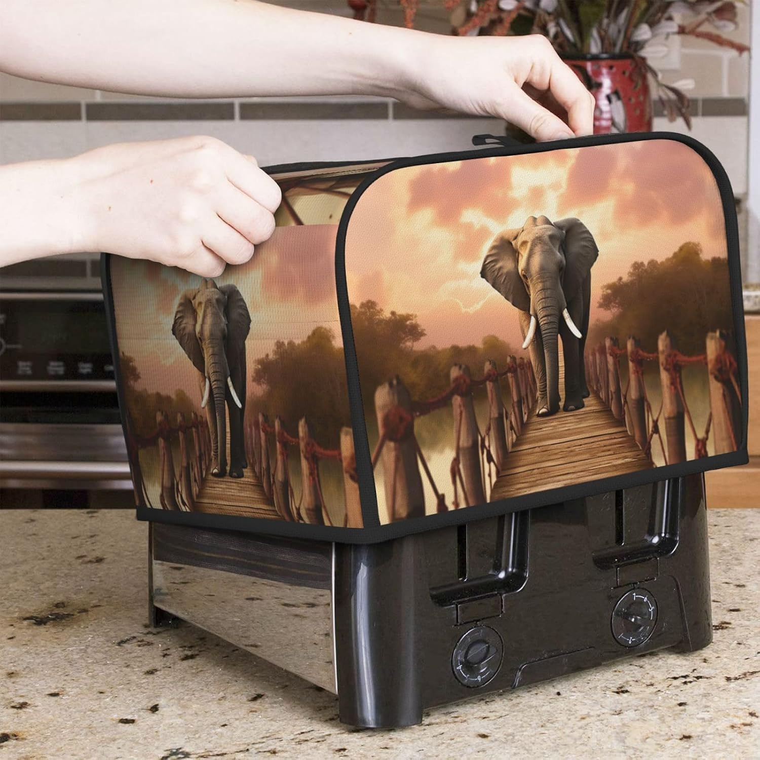 elephant on a bridge Toaster Cover 4 slice Kitchen Small Appliance Covers with Pockets Toaster Dust Cover with Top Handle Oven Cover Washable Universal Bread Maker Cover for Kitchen