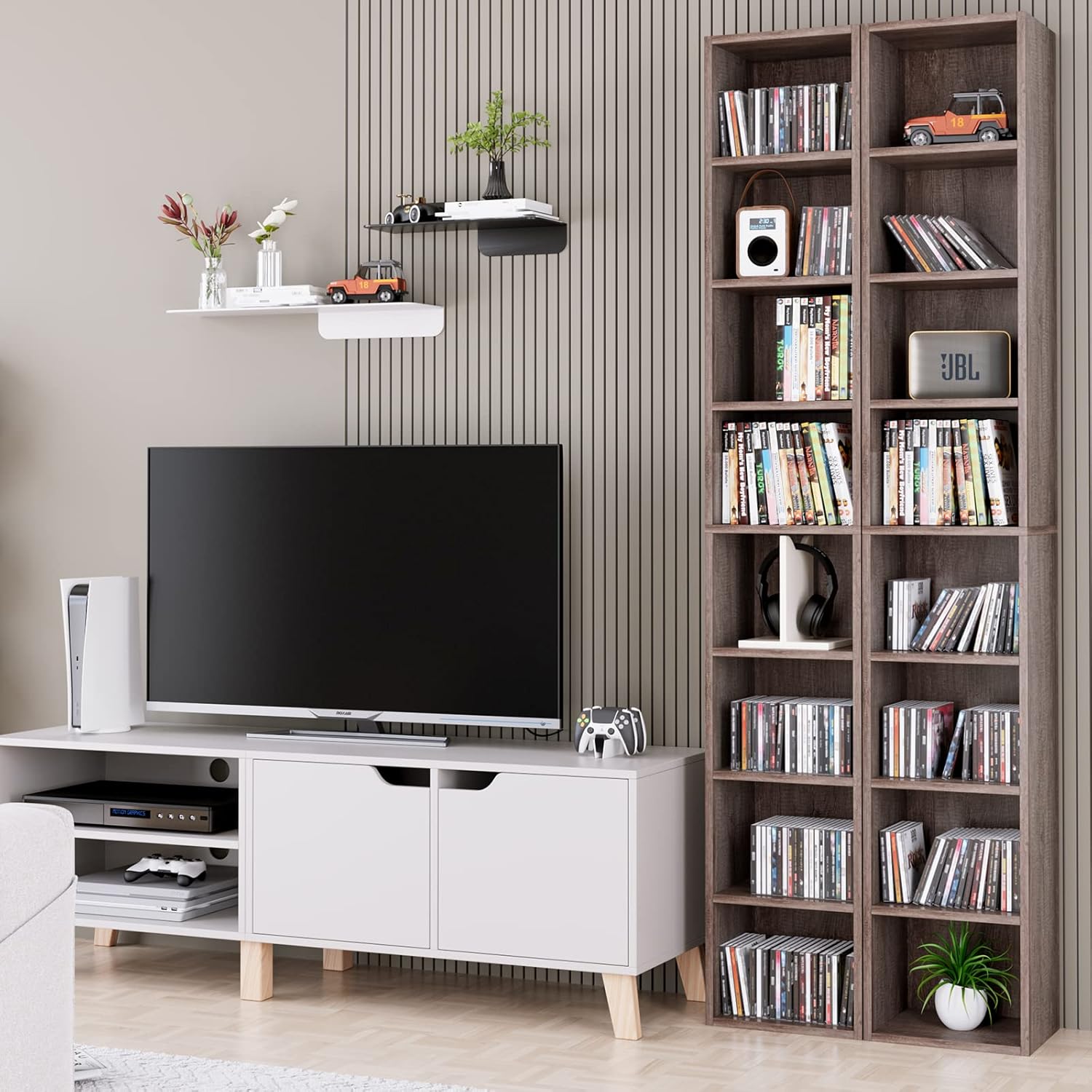 8-Tier Media Tower Rack, CD DVD Storage Organizer Cabinet with Adjustable Shelves, 11.6 x 9.3 x 70.9 Inches Slim Wood Look Bookshelf Display Bookcase for Home Office, Oak