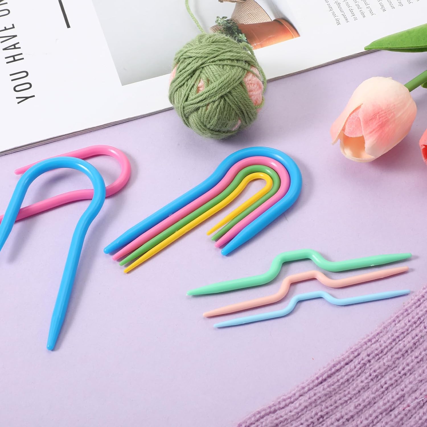 14PCS Cable Needles for Knitting, U Shape Cable Stitch Holder Needles, Plastic Bent Knitting Needle Set, Multicolor Twist Curved Hand Knit Weaving Needle