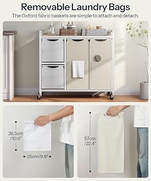 HOOBRO Laundry Sorter with 4 Section, 34 Gal. (127 L) Laundry Hamper with Wheels, Rolling Laundry Basket with Shelves, Pull-Out Detachable Bags, Side Pockets, White, Natural and Beige WNE14XY01N1