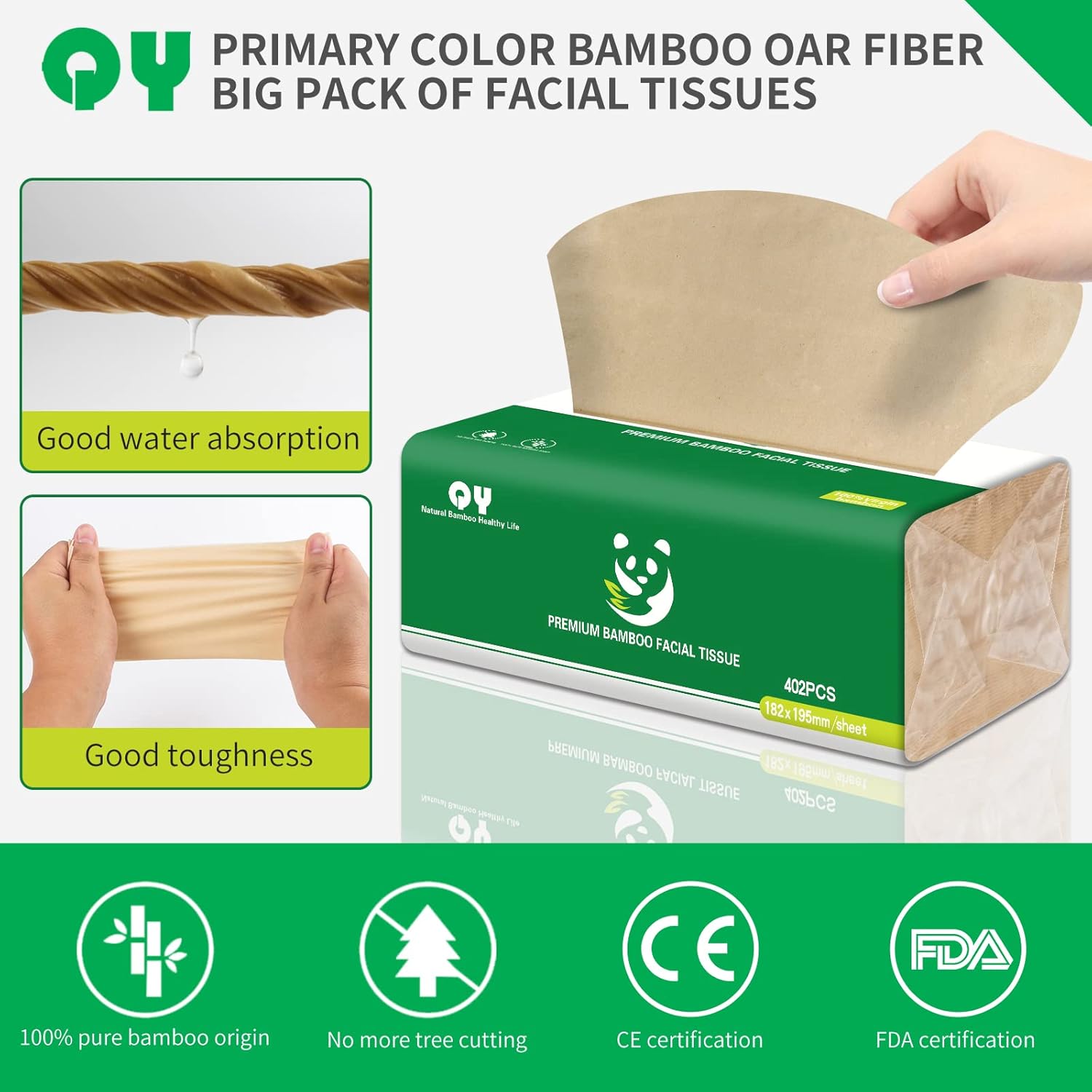 Soft Durable Bamboo Facial Tissues - 3 Ply Natural Unbleached Facial Paper Dry or Wet Use 12 Packs(134 Tissue per Pack, 1608 Tissues Total) - Image 3
