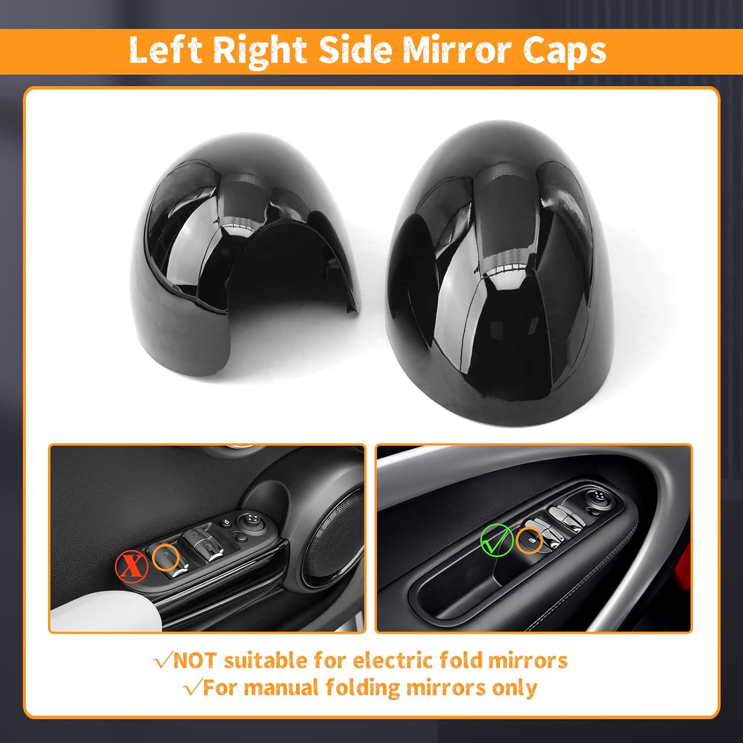 51162754913 51162754914 Left Right Side Mirror Cover Caps Compatible with Mini R55 R56 R57 R58 R59 R60 R61 2007-2016 Manual Folding Mirrors Only, Pair Rearview Mirror Cap Glossy Black