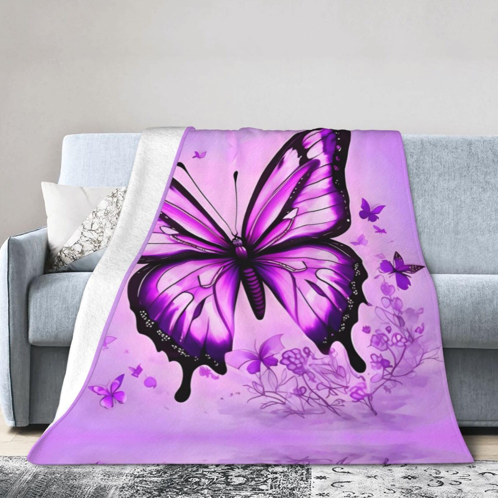 Purple Butterfly 40"x30" Fleece Blanket, Full Size, Super Soft, Suitable for Bed, Sofa, Camping, All Seasons