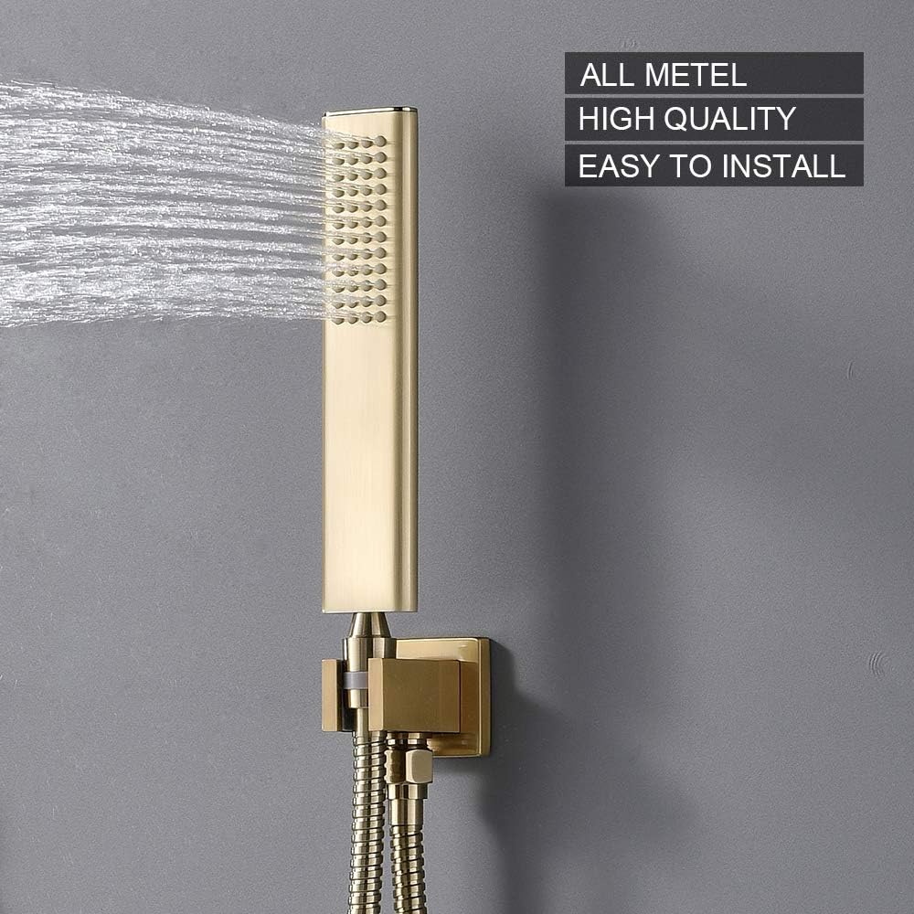 Brushed Gold Shower System, Golden Shower Fixture with 12 Inch Rain Shower Head and Handheld Shower Head, Rainfall Shower Faucet with Brass Valve for Bathroom