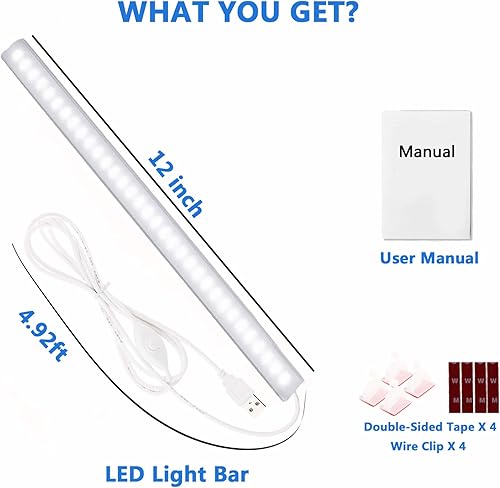 Vista 48 de Luz LED con adaptador de corriente, de 12 pulgadas, con función de memoria, blanca fría 6000 K, para debajo del gabinete, armario, mesa de trabajo