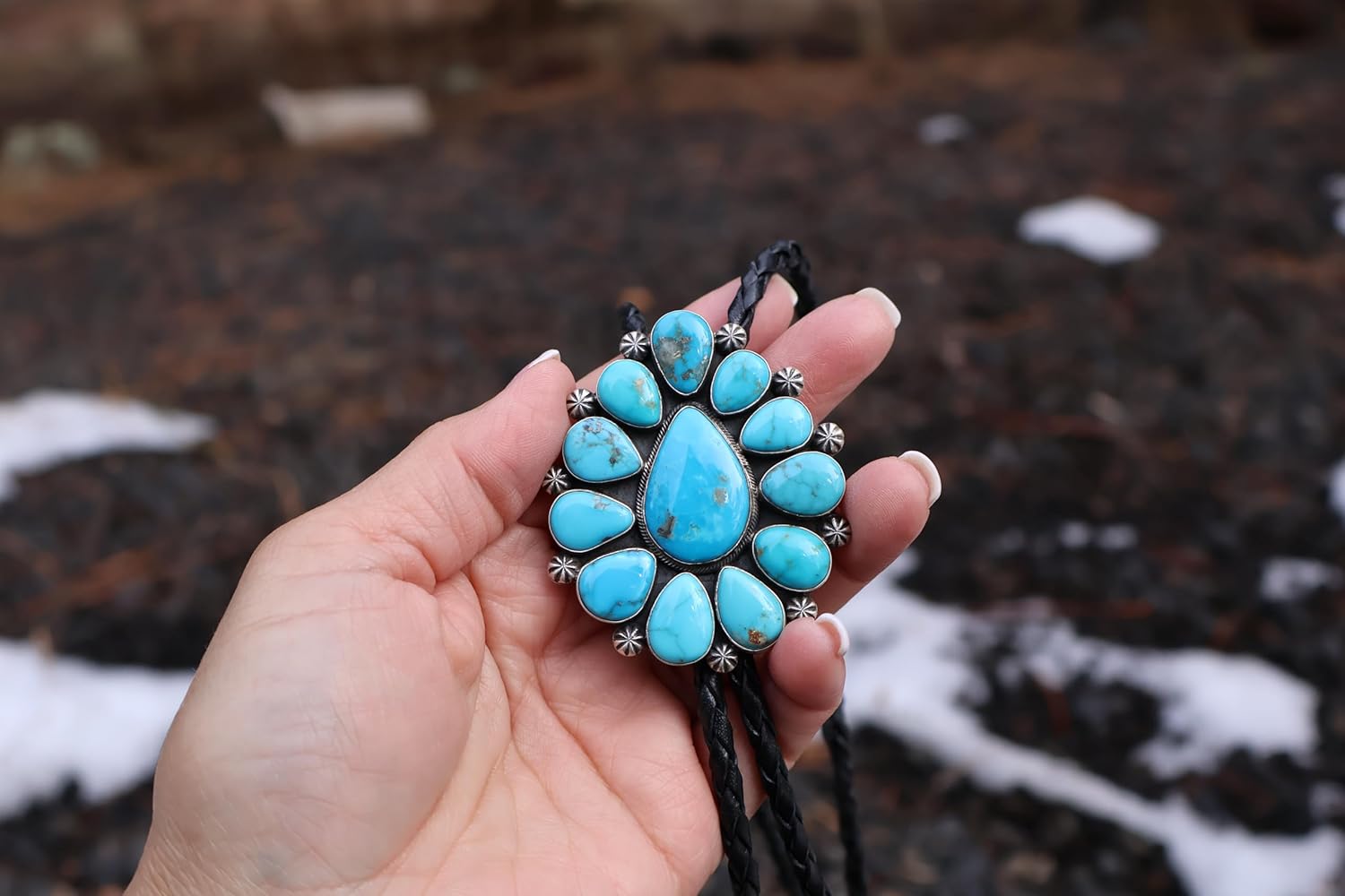 Handcrafted Native American Cluster Pyrite Turquoise Bolo Tie Sterling Silver Jewelry