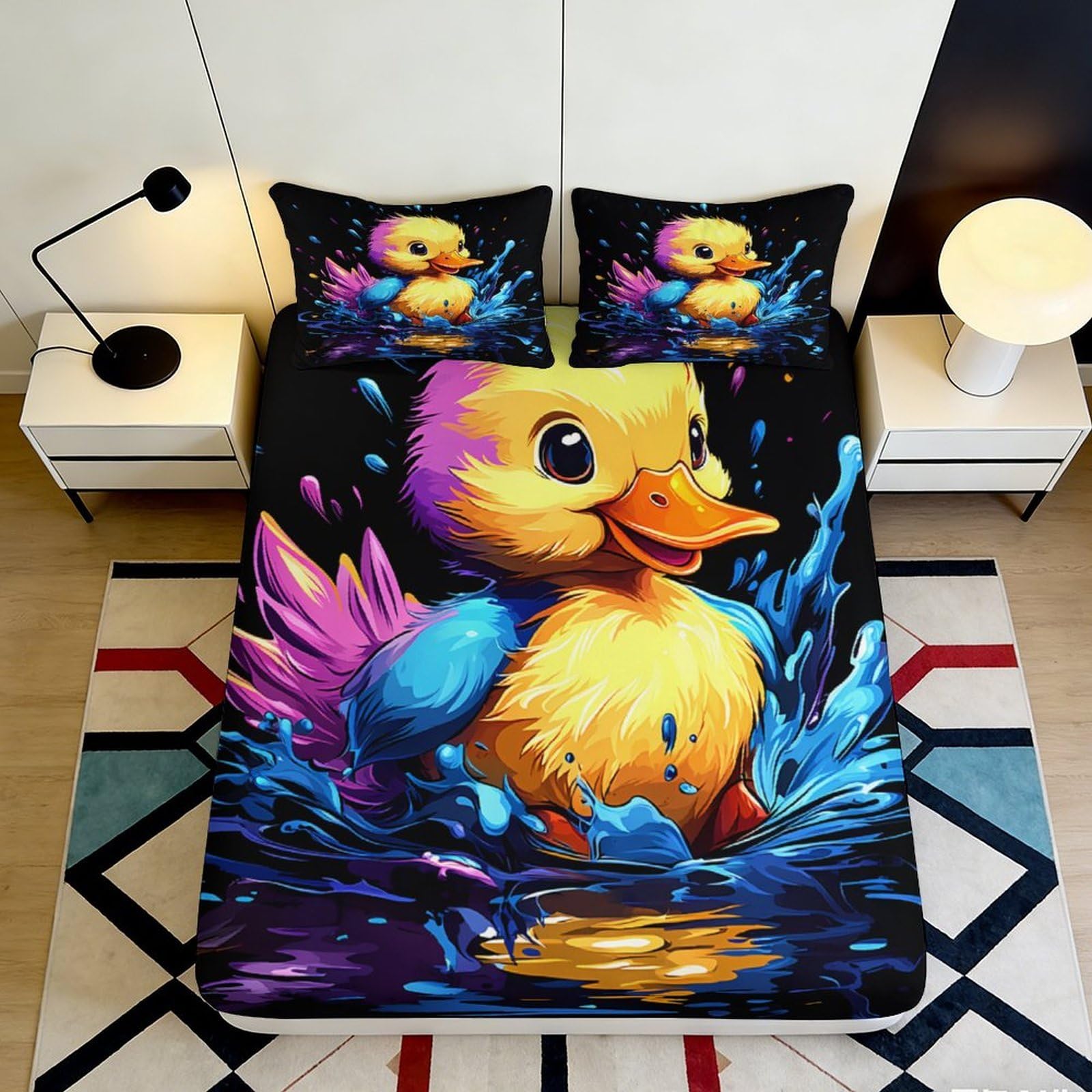3D Printed Cartoon Duck Fitted Sheet Microfiber Soft Breathable Splash Water Bed Cover for Bedroom Dorm Mattress Decor 90x200x25cm