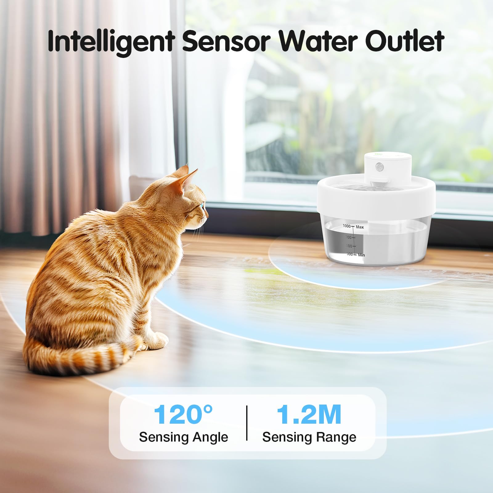 Jewyow 1L Fontana per gatti senza fili, 2200mAh Intelligente Fontana per Gatti, Fontana per Gatti Alimentata a batteria Ultra Silenziosa con Rilevatore di Movimento, Indicatore di batteria, 2 modalità