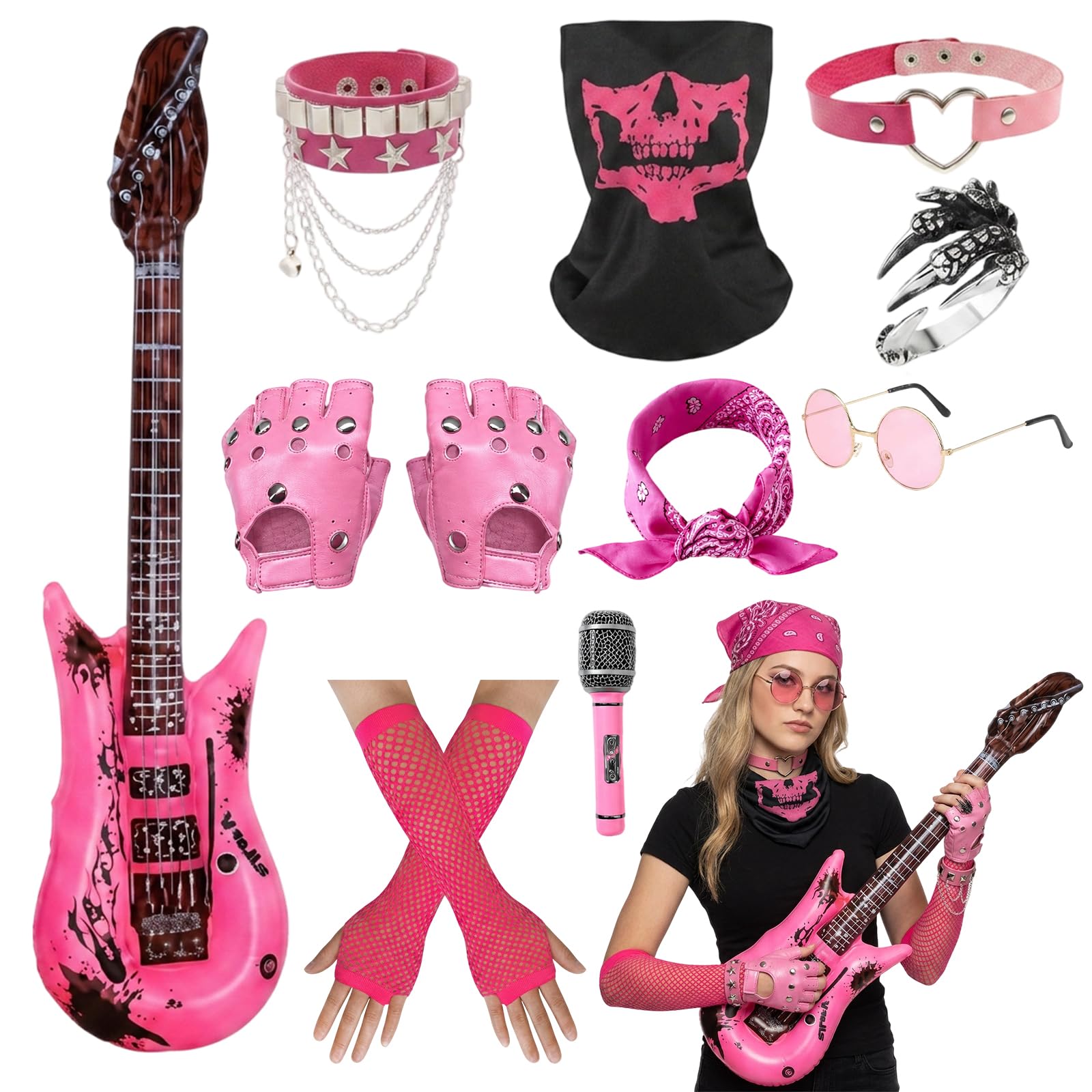 KAZGVN Rockstar Fancy Dress, Rockstar, 12-Piece Rockstar Fancy Dress Set with Guitar and Microphoneand more, Rockstar Costume for Themed Parties and Halloween, Rock day and Disco