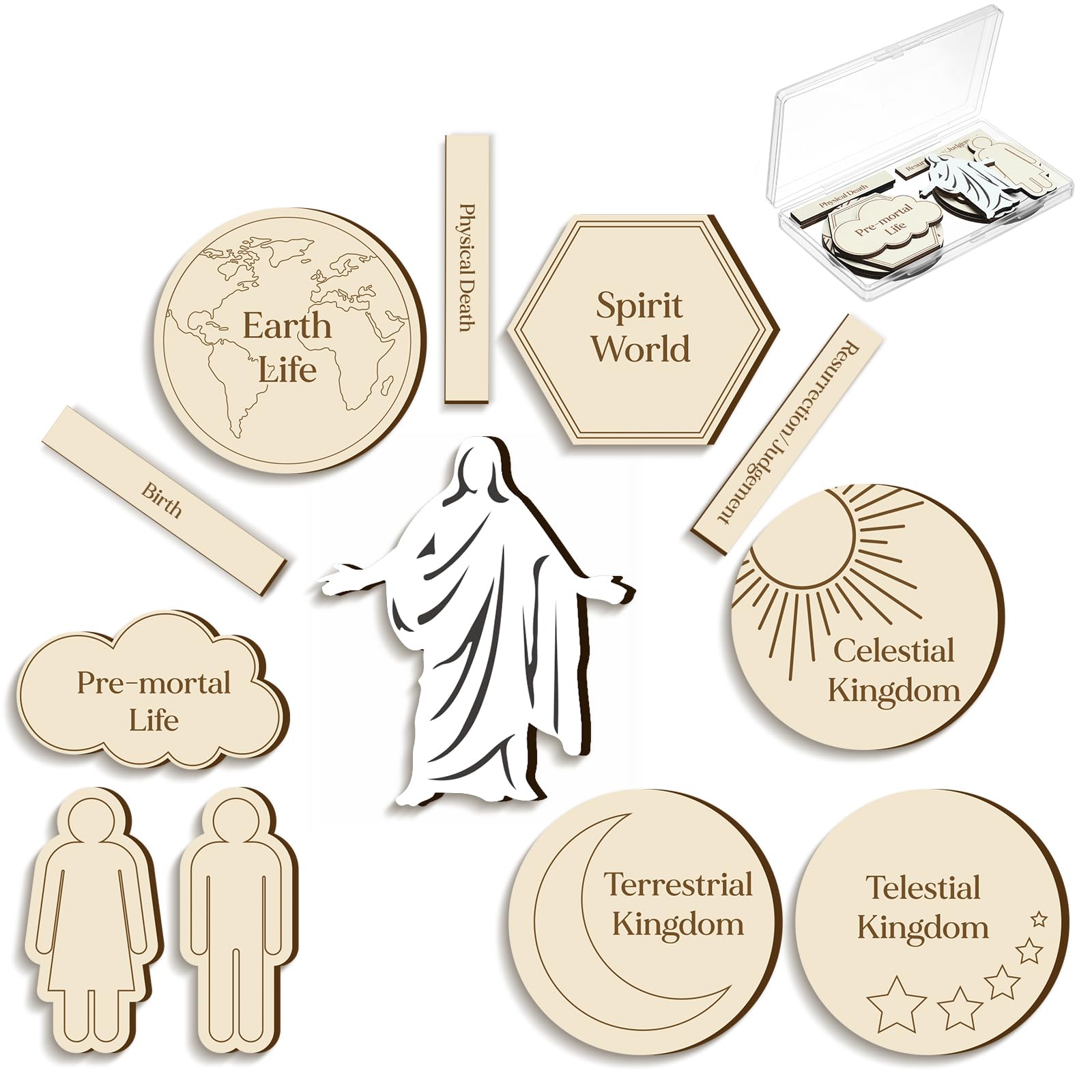 Wonderjune 6 Sets of Plan of Salvation Teaching Kits Gift Each Set Includes 12 Wooden Pieces and a Plastic Storage Box for Lds Missionary Gifts Family Youth Home Evening Teaching Tool