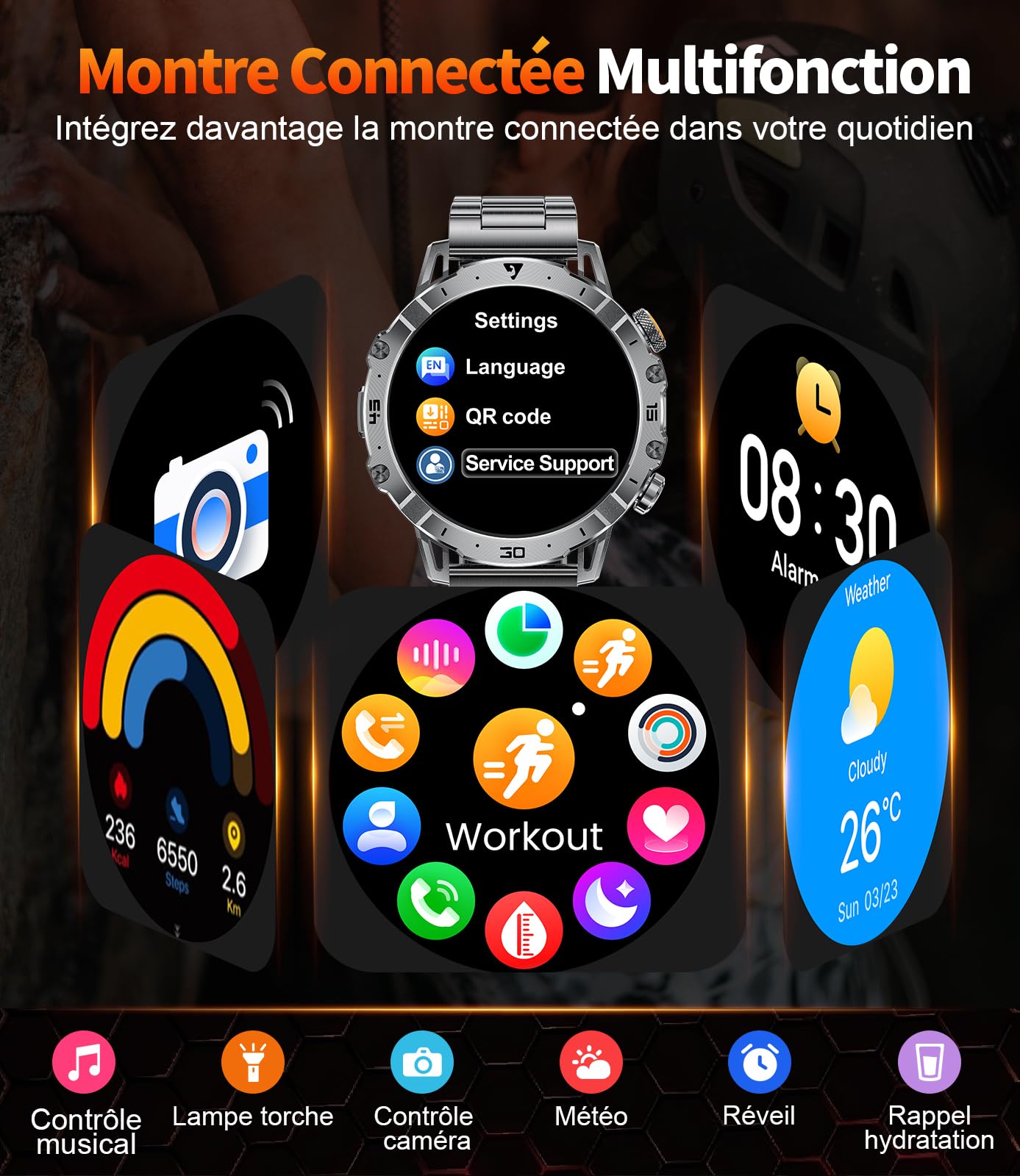 SUNKTA Montre Connectée Homme,1000mAh Longue Autonomie Batterie/1.7‘’ Grand Écran avec Appels/Lampe de Poche/IP68 Étanche Fréquence Cardiaque/Pédomètre,3 Bracelet Smartwatch pour Android iOS