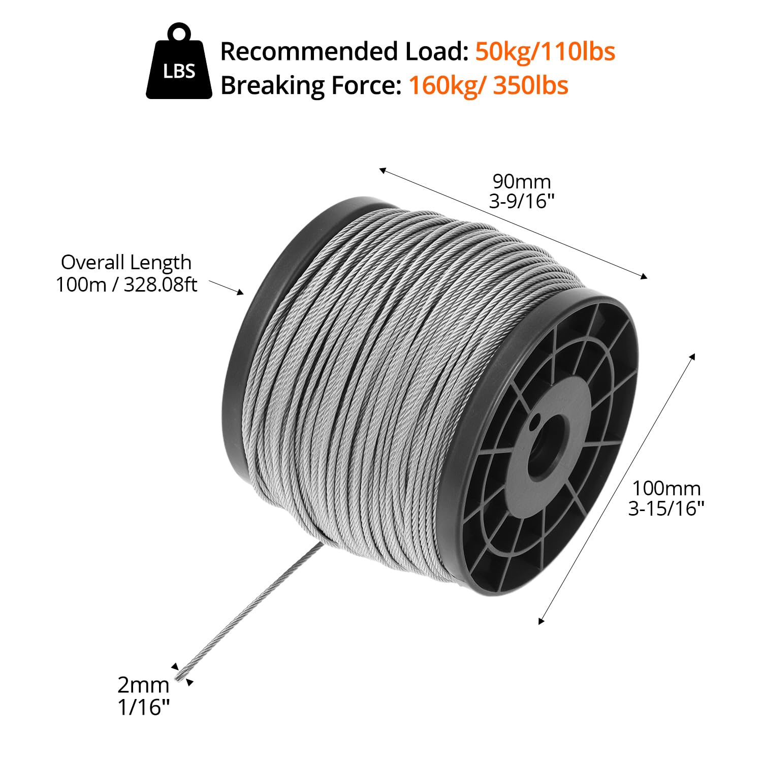 QWORK Cuerda de acero inoxidable 304 2 mm x 100 m 7x7 Capacidad de carga 50 kg