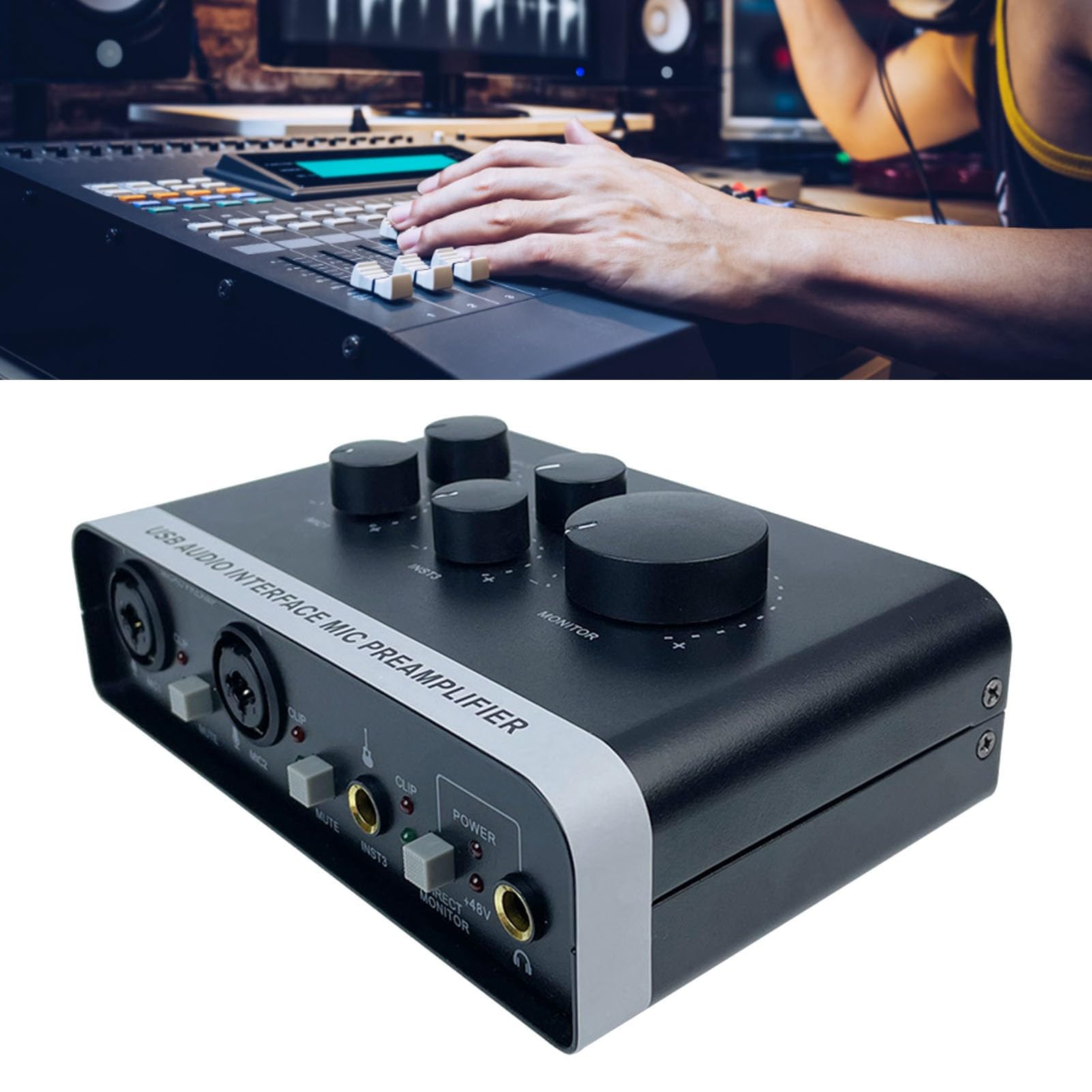 KIMISS Interfaz USB de Potencia de 48V para Podcasting de Grabación de PC y Transmisión de 2 en 2 Out Preamplificador de Mezclador de Sonido Profesional