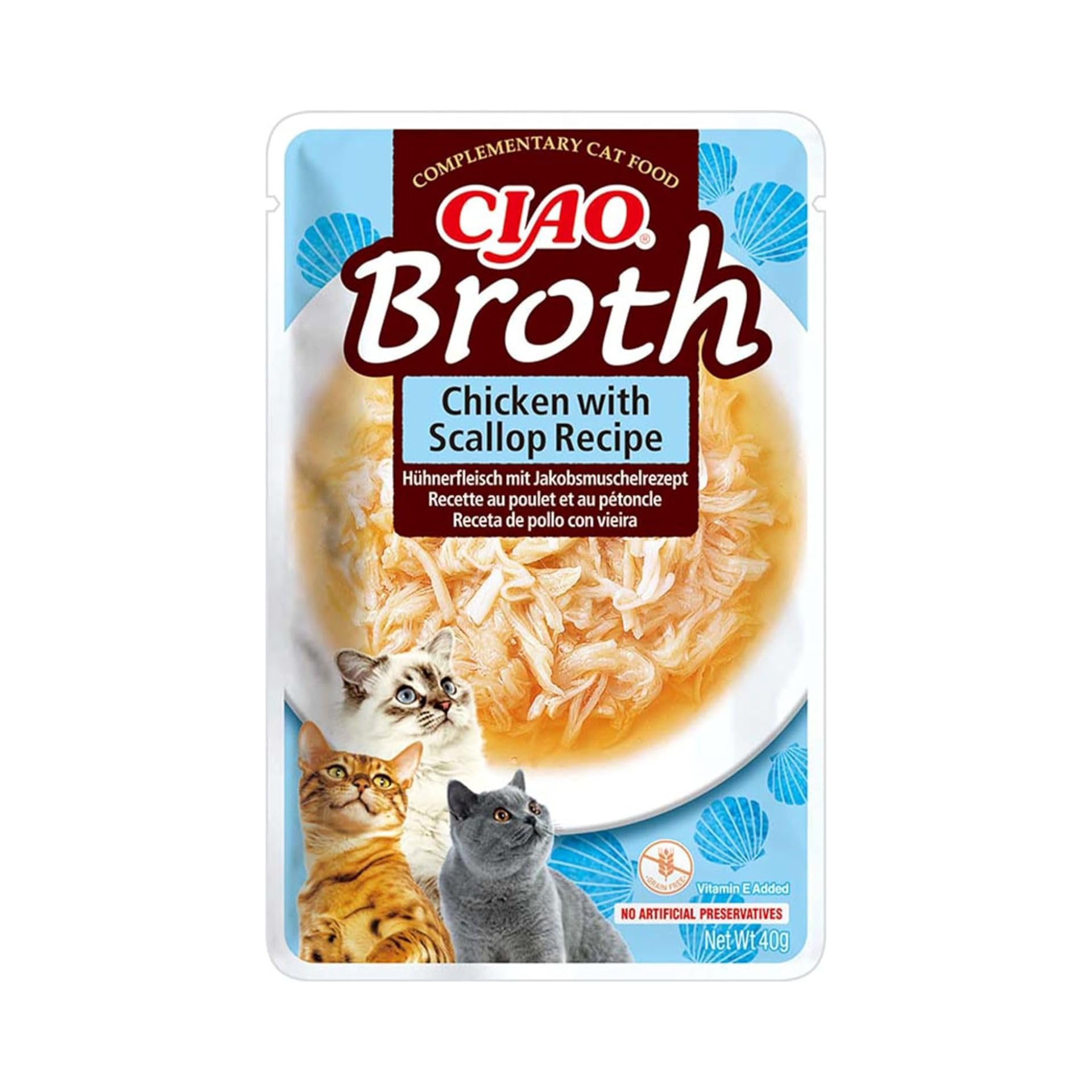 Ciao Broth by INABA Wet Cat Food - Chicken with Scallop - 1 Pack (40g total) / Moist Treat, Delicious & Healthy Snack, Food Topper, Side Dish, Complement, Natural, Grain Free, Wet Cat Food