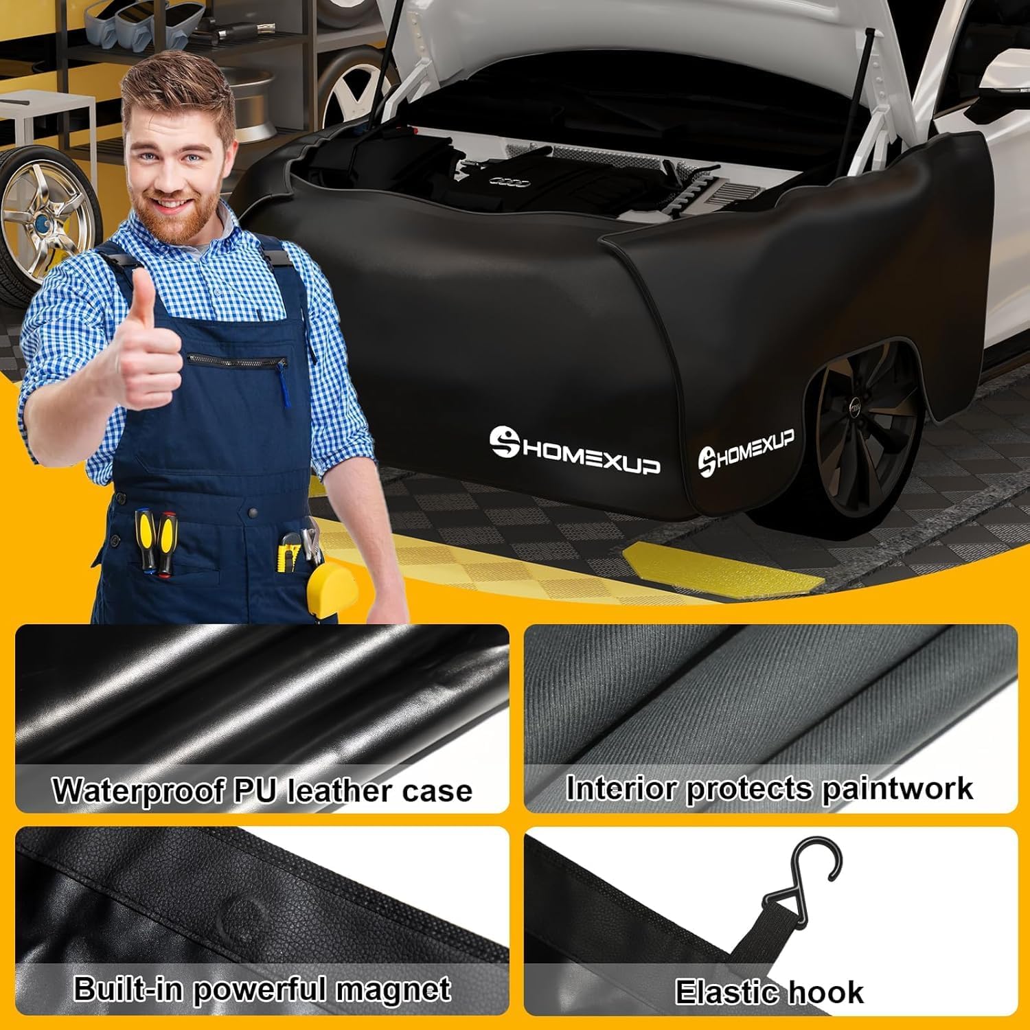 3-Piece Magnetic Fender Covers for Mechanics - 25 Strong Magnets & 7 Hooks - Dual-Layer Car Fender Protector Mats, Waterproof, Universal Fit for Sedans,SUV,Station Wagons with Storage Bag（Size XL）