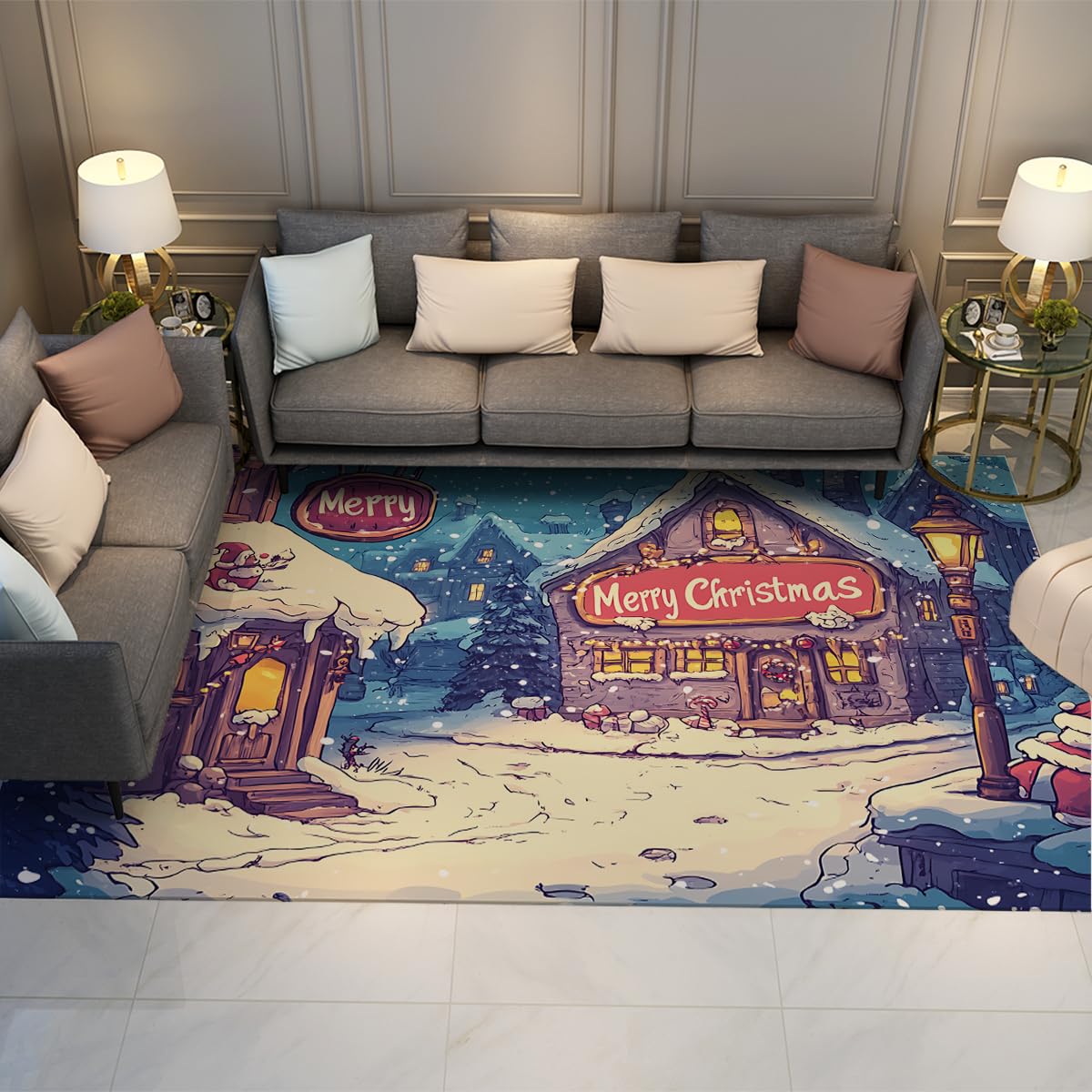 Tapis de Noël enneigé rustique 90x150cm rectangulaire et lavable pour cuisine