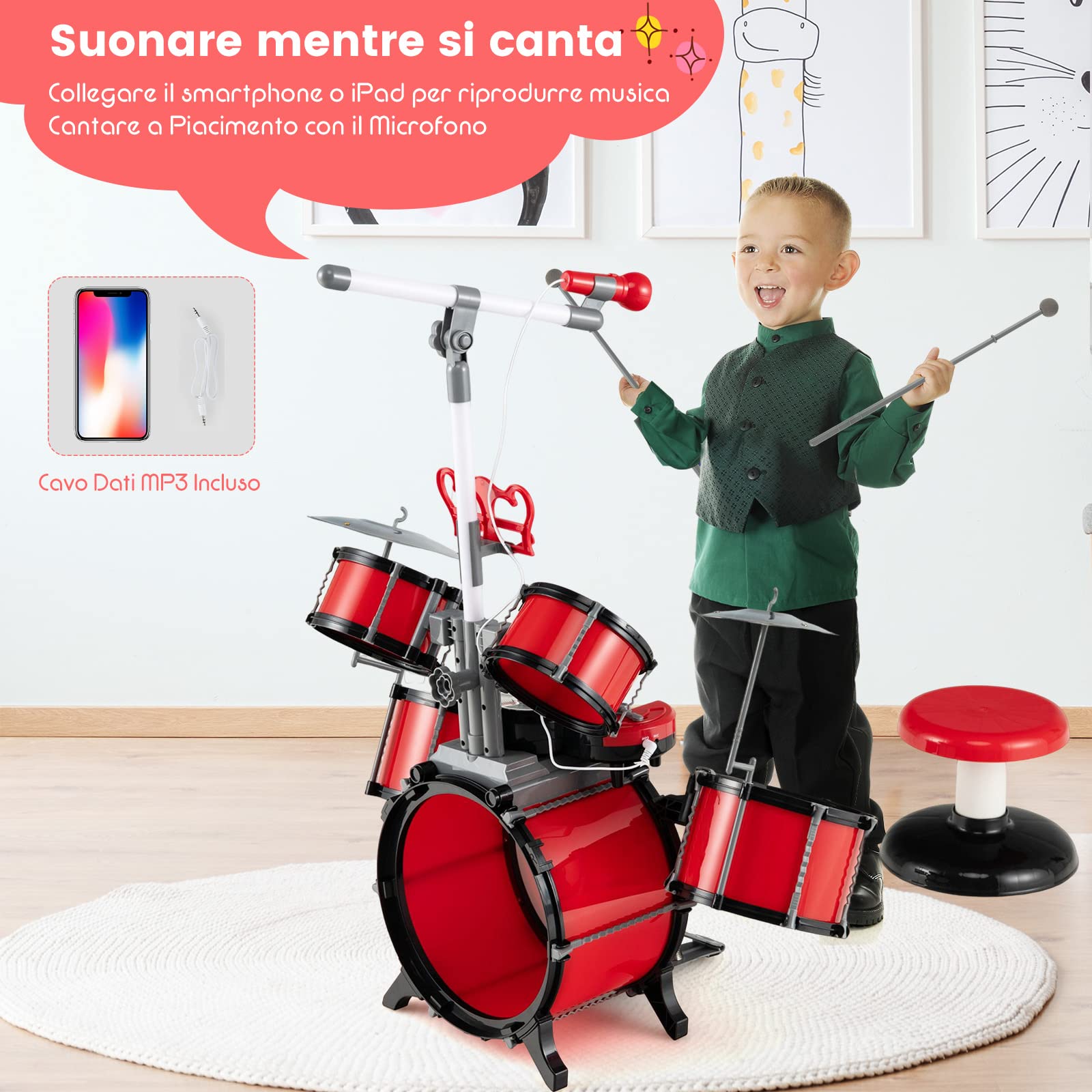 COSTWAY Set di Batteria per Bambini, Batteria Jazz con Tastiera Microfono e Leggio, Strumento Elettrico con Sgabello, Regalo per Bambini 3+ Anni, Rosso