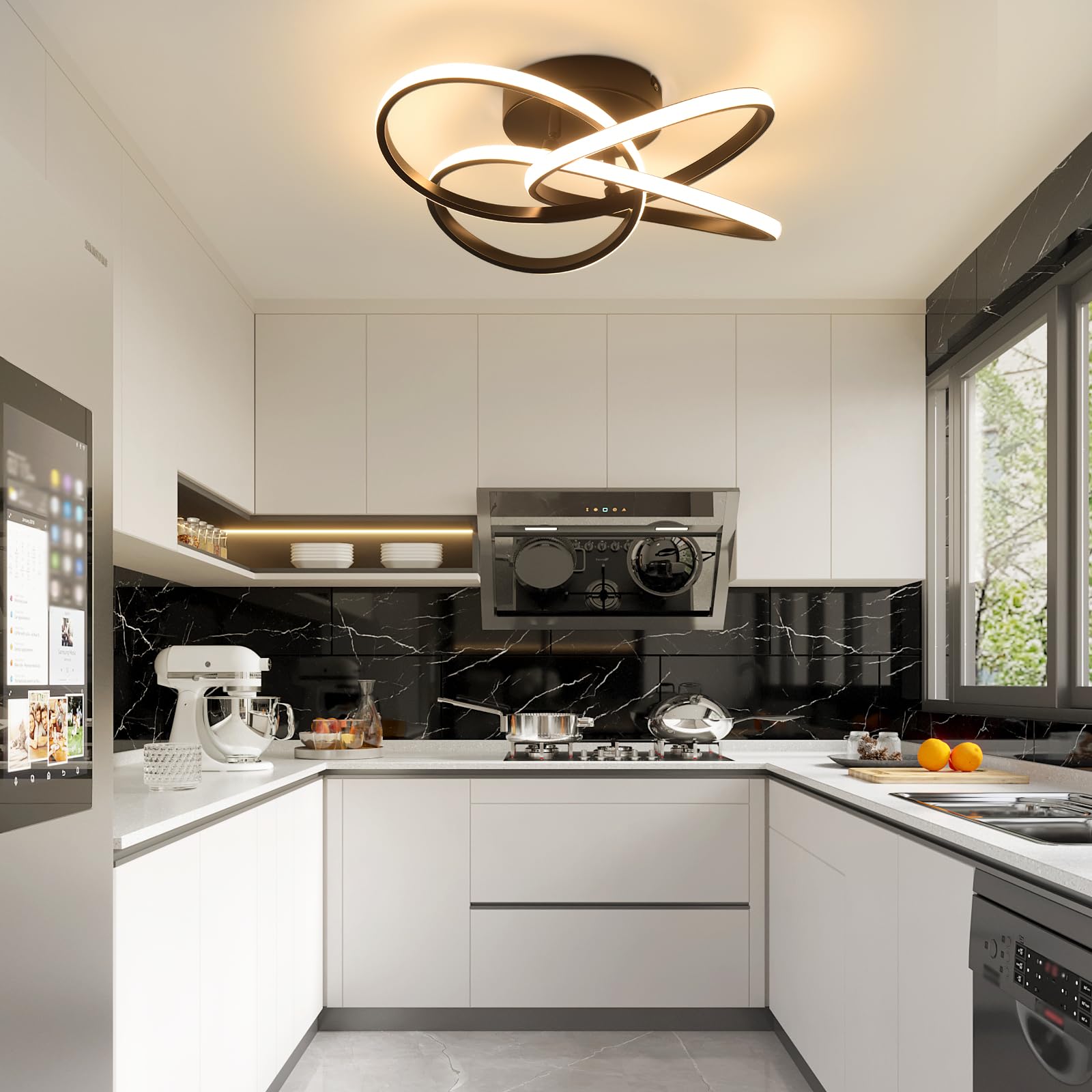 Homefire LED Deckenleuchte Wohnzimmer Deckenlampe Schwarz 46W Dimmbar | Modern Blume Design Wohnzimmerlampe mit Fernbedienung, Metall+Silikon Küchenlampe, Schlafzimmer Deckenleuchten für Küche Flur