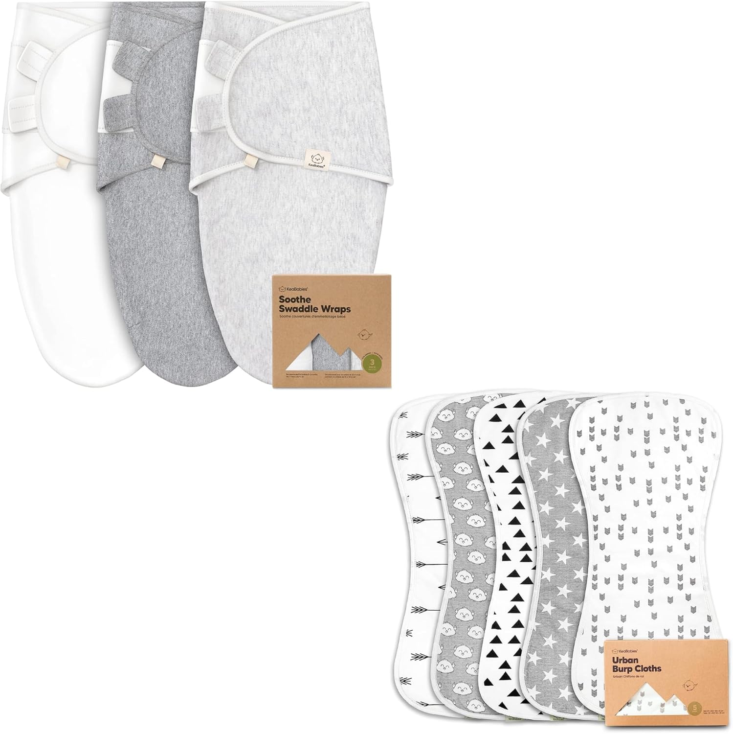 KeaBabies 3-Pack Baby Swaddle Sleep Wrap and 5-Pack Burp Cloths for Baby Boys and Girls - Newborn Swaddle Sack, Ultra Absorbent Burping Rags for Newborn, Infants