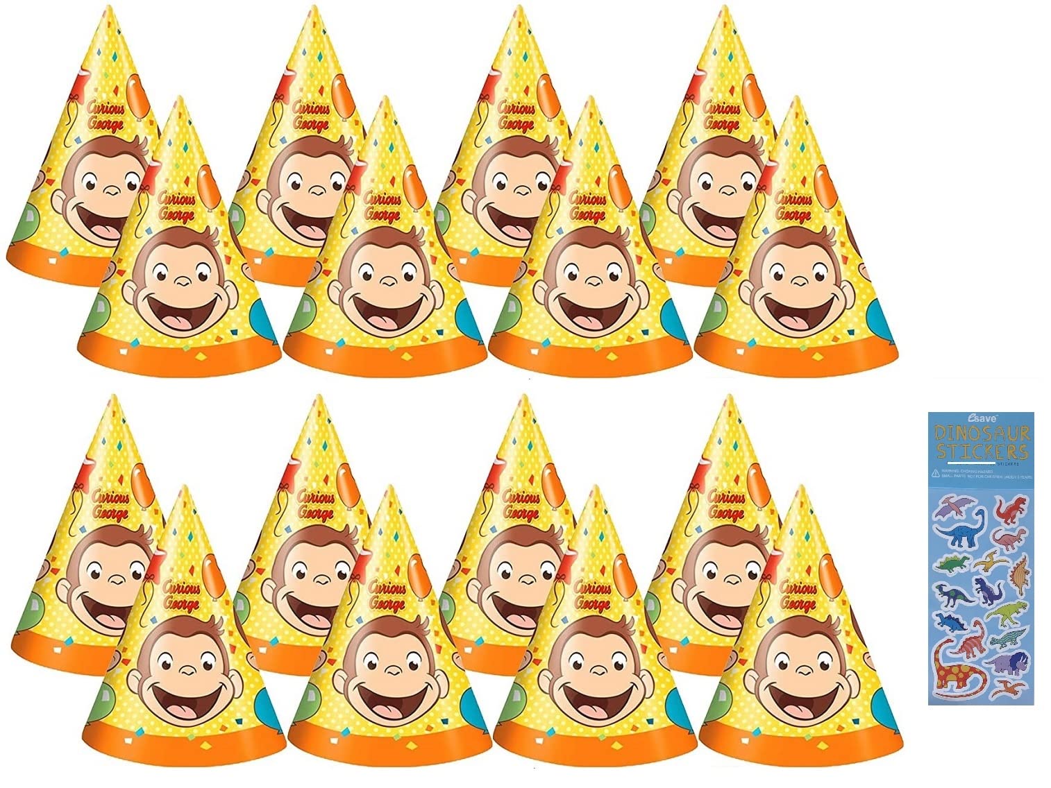 Unique Curious George Birthday Party Supplies Bundle Pack includes 16 Party Cone Hats and 1 Dinosaur Sticker Sheet