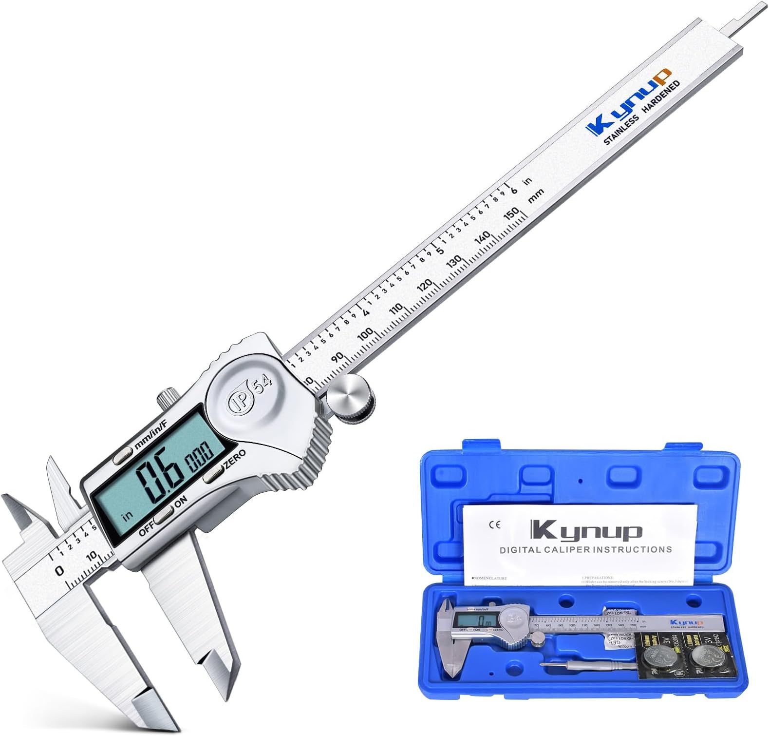 Kynup Digital Caliper 6 Inch Measuring Tool, Professional Stainless Steel Electronic Micrometer with Large LCD Screen, Vernier Caliper, Inch Metric Fraction Conversion, Auto-Off, IP54 Splash Proof