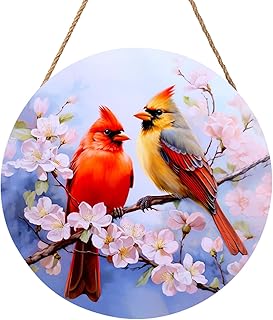Harooni Spring Cardinal Door Wreaths, Wooden 12x12 inch Door Hanger with Floral Design, Farmhouse Wall Sign for Home Yard Garden Decoration