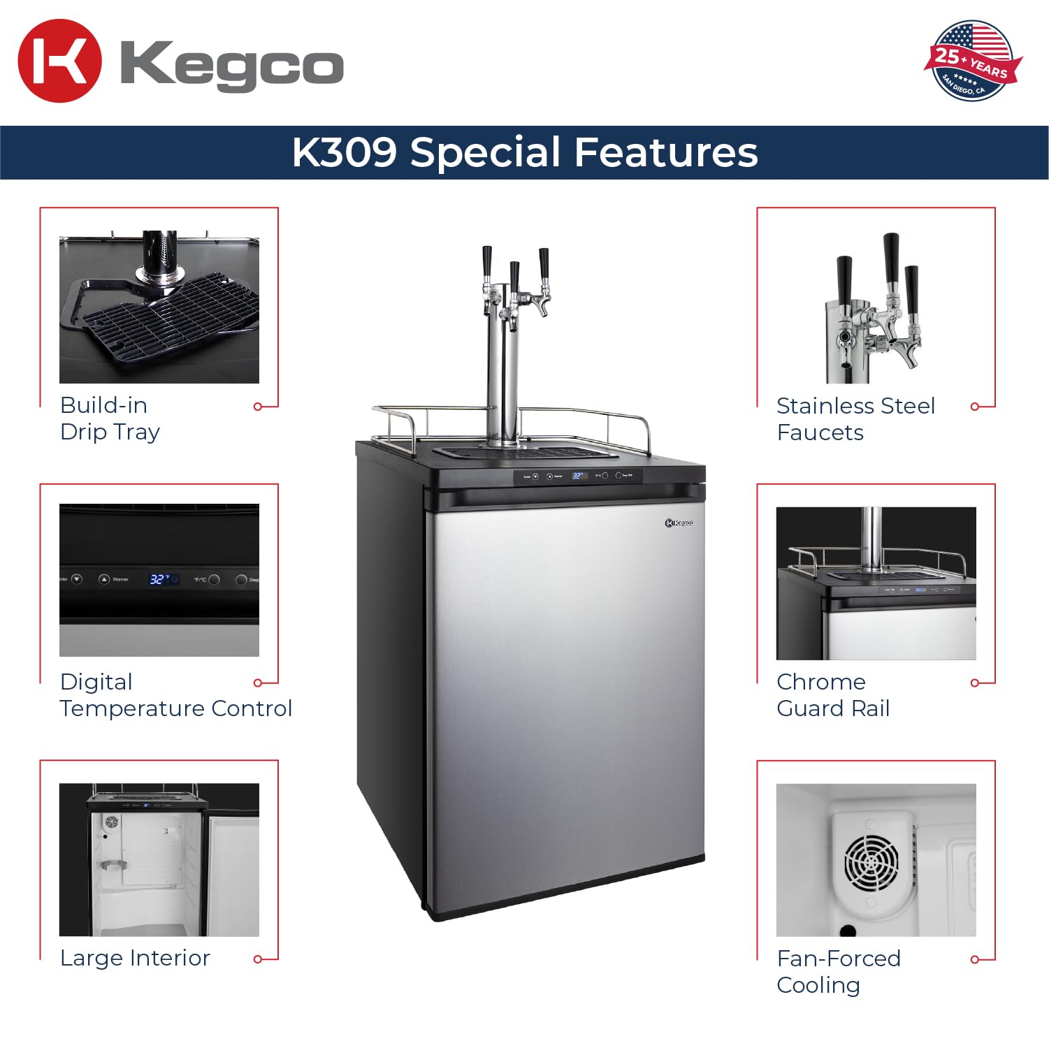 Kegco K309SS-3 3 Faucet Digital Kegerators - Stainless Steel Door on Fridge.com