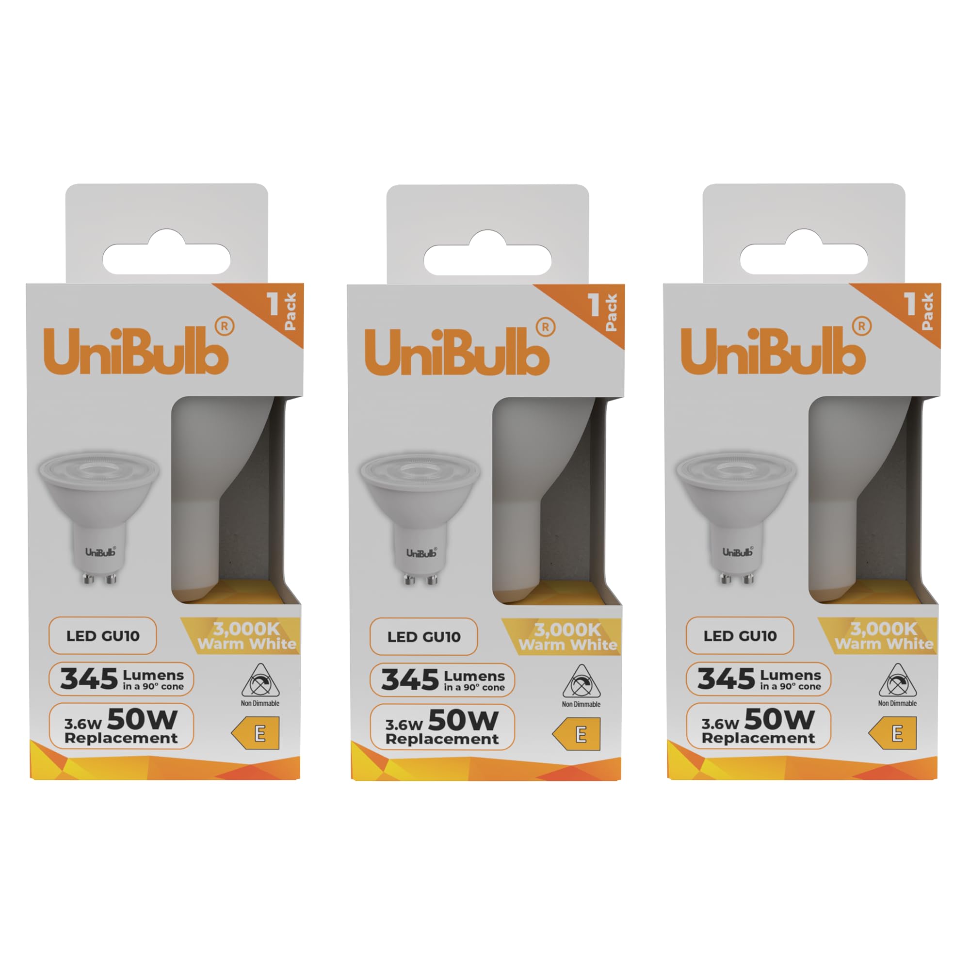 Unibulb GU10 LED Bulb Warm White, 3.6W LED Spotlight/Downlight/Ceiling Light Bulb, 345 Lumens, 3000K, Replaces 50W Halogen, 25,000hr Life, Non-Dimmable (3)
