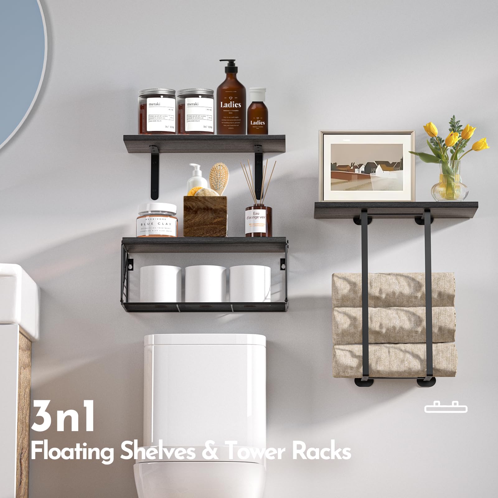 Nuoex Bathroom Shelf Over Toilet, Set of 3 Floating Bathroom Shelf Wall Mounted with Towel Rack and Toilet Paper Storage, Floating Shelf for Bedroom, Living Room, Kitchen, Black