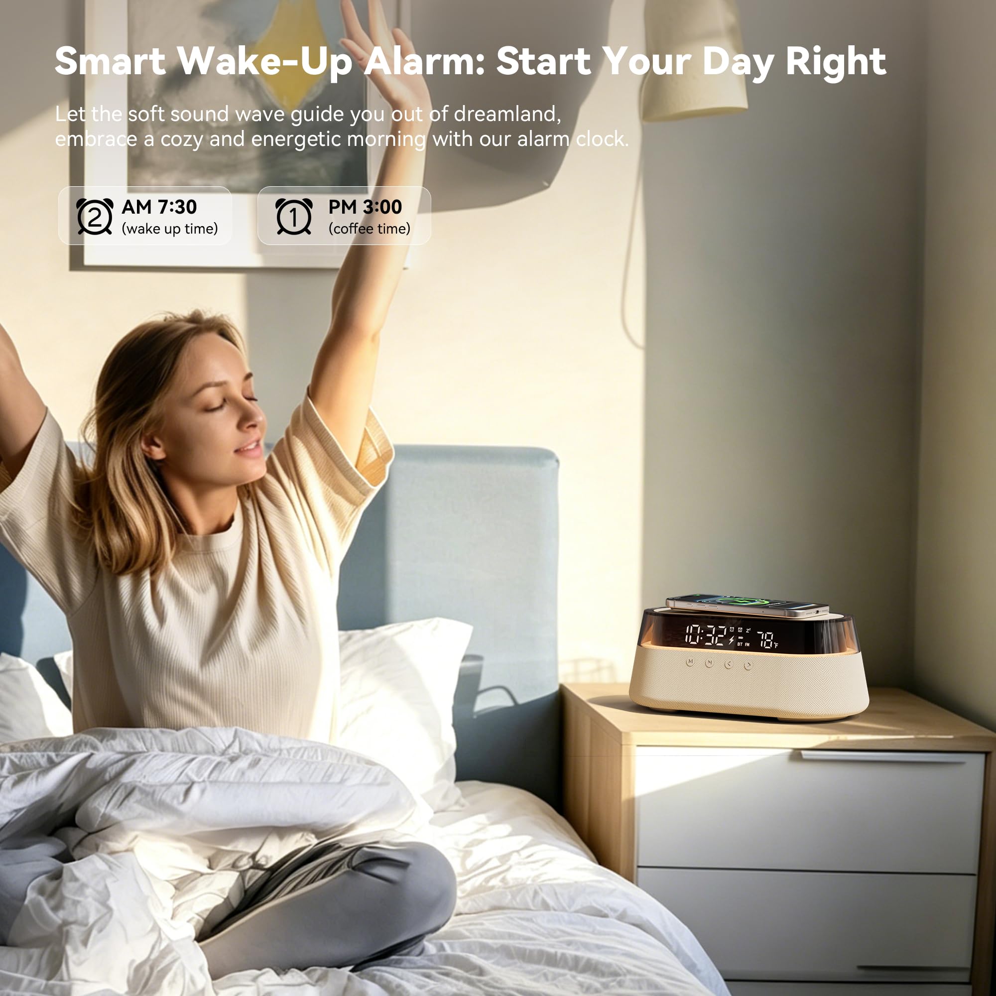 Altoparlante Bluetooth con Sveglia Caricatore Wireless 15W con Telecomando | Doppia Sveglia con Radio, Funzione Snooze e Luce Notturna per la Camera da Letto o l'ufficio Regalo Uomo Donne