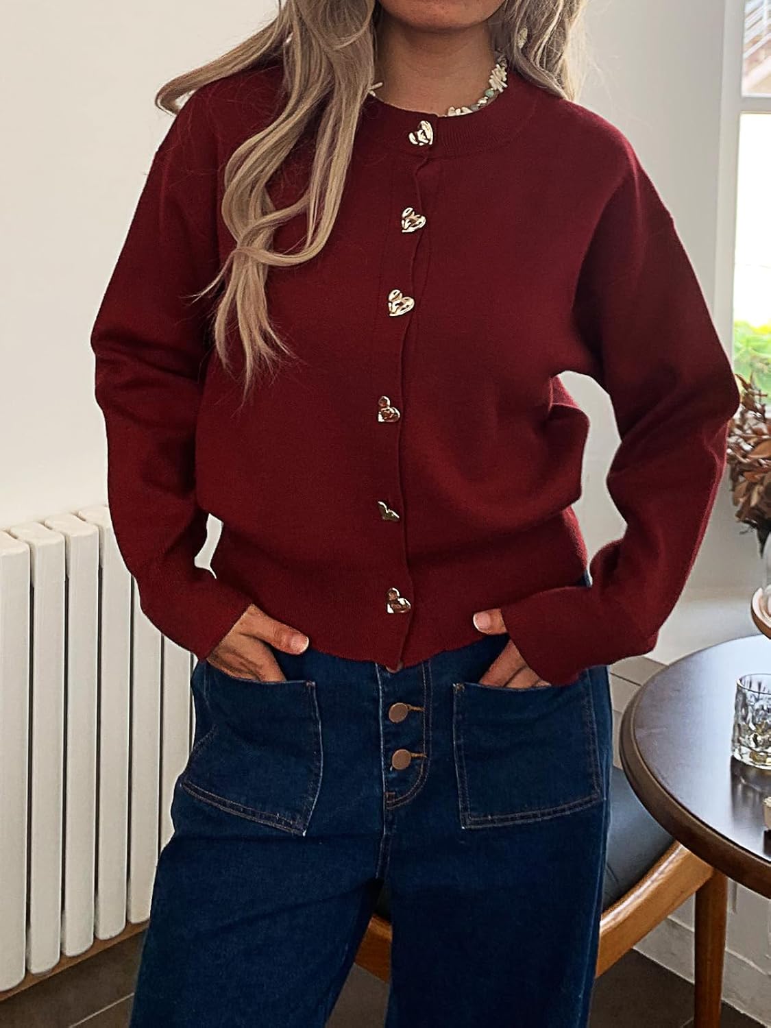 Women’s Knit Cardigan Sweater with Heart Buttons, Casual Button Down Knitwear Long Sleeve Cropped Cardigan for Fall Winter - Image 5