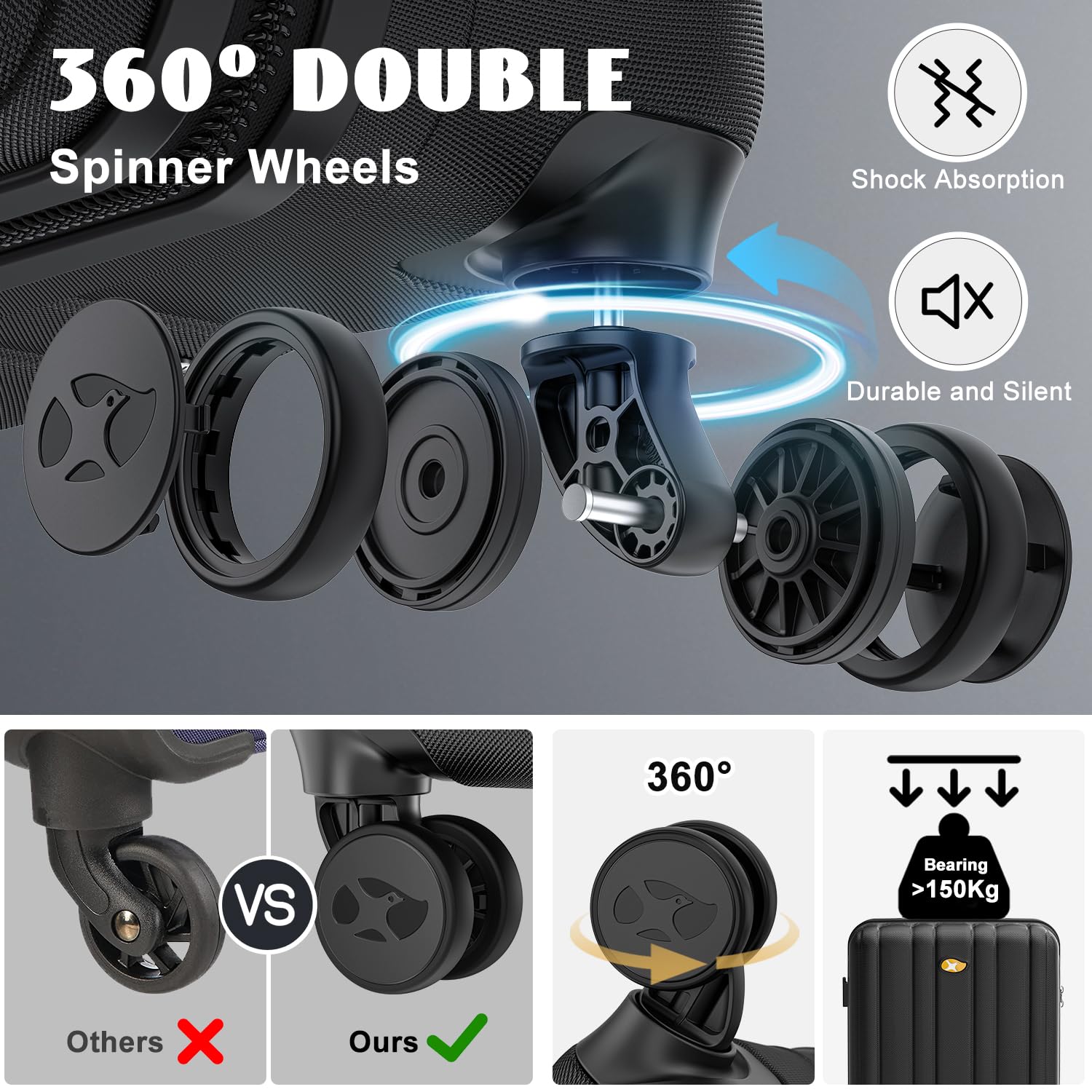 MGOB Valigia Bagaglio a Mano 15PC Trolley Rigido Valigie da Cabina 4 Ruote Universale TSA Lucchetto Ultra Leggero (Nero, 55CM)