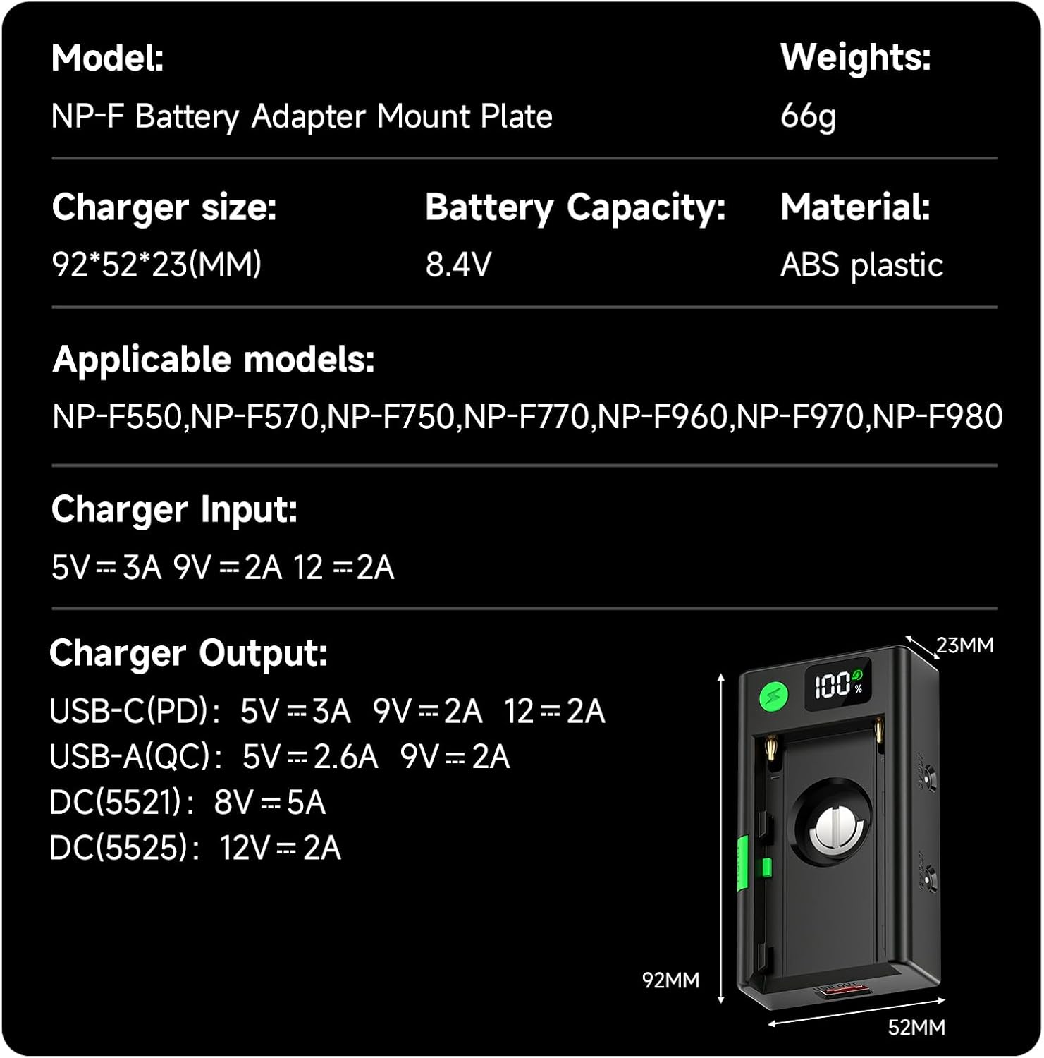CITYORK Upgraded NP-F Battery Adapter for Sony NP-F Series Battery with Digital Display&LED Fill Light,USB-C Port 5V 3A/PD Fast Charging, Output 8V 5A 5.5x2.1mm,12V 2A 5.5x2.5mm