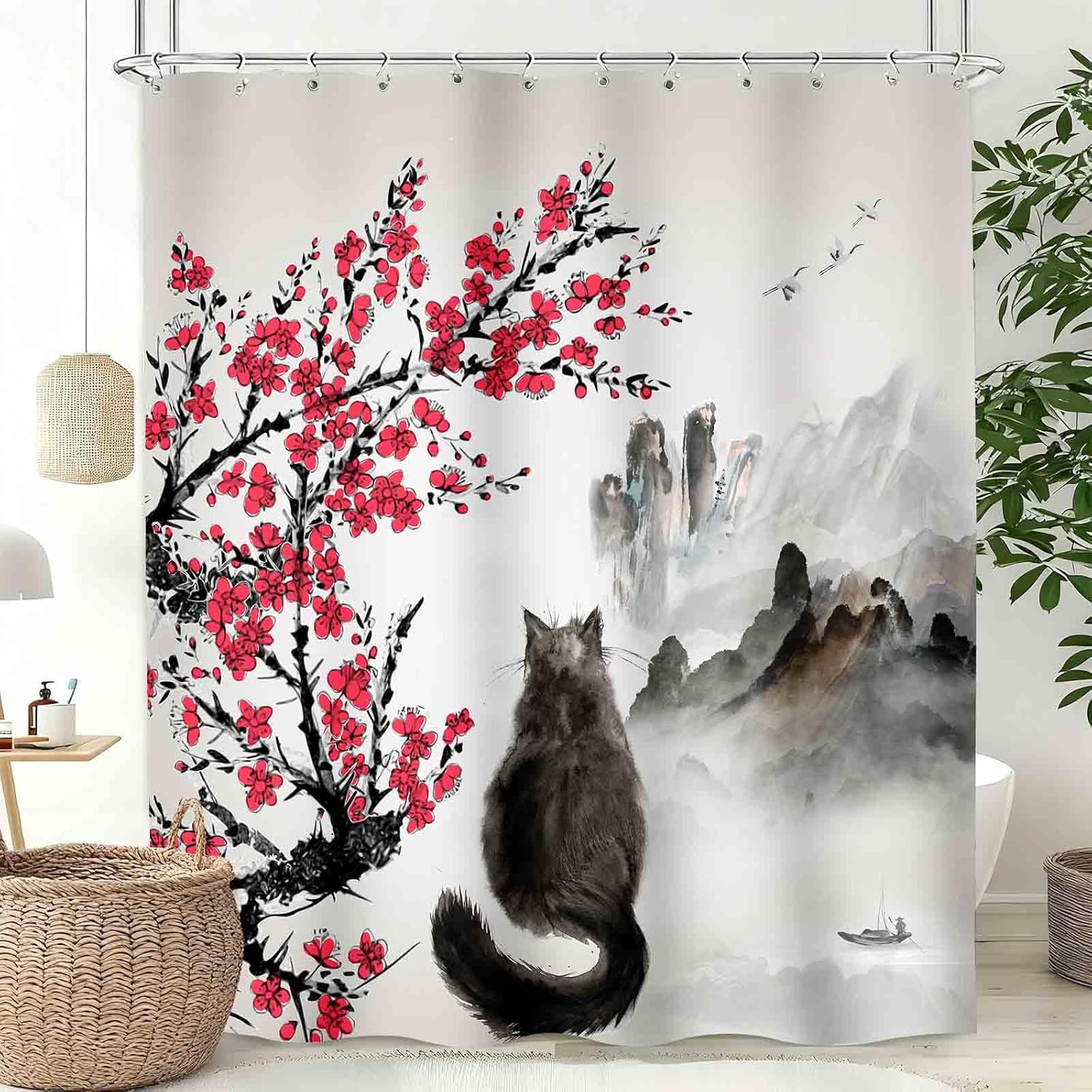 Cat Shower Curtains,Mid Century Retro Abstract Atomic Geometric Vintage Boho 1950s 1960s Pattern Print Yellow Bathroom Waterproof Fabric Bath Shower Curtain Set with Hooks,72x84Inch