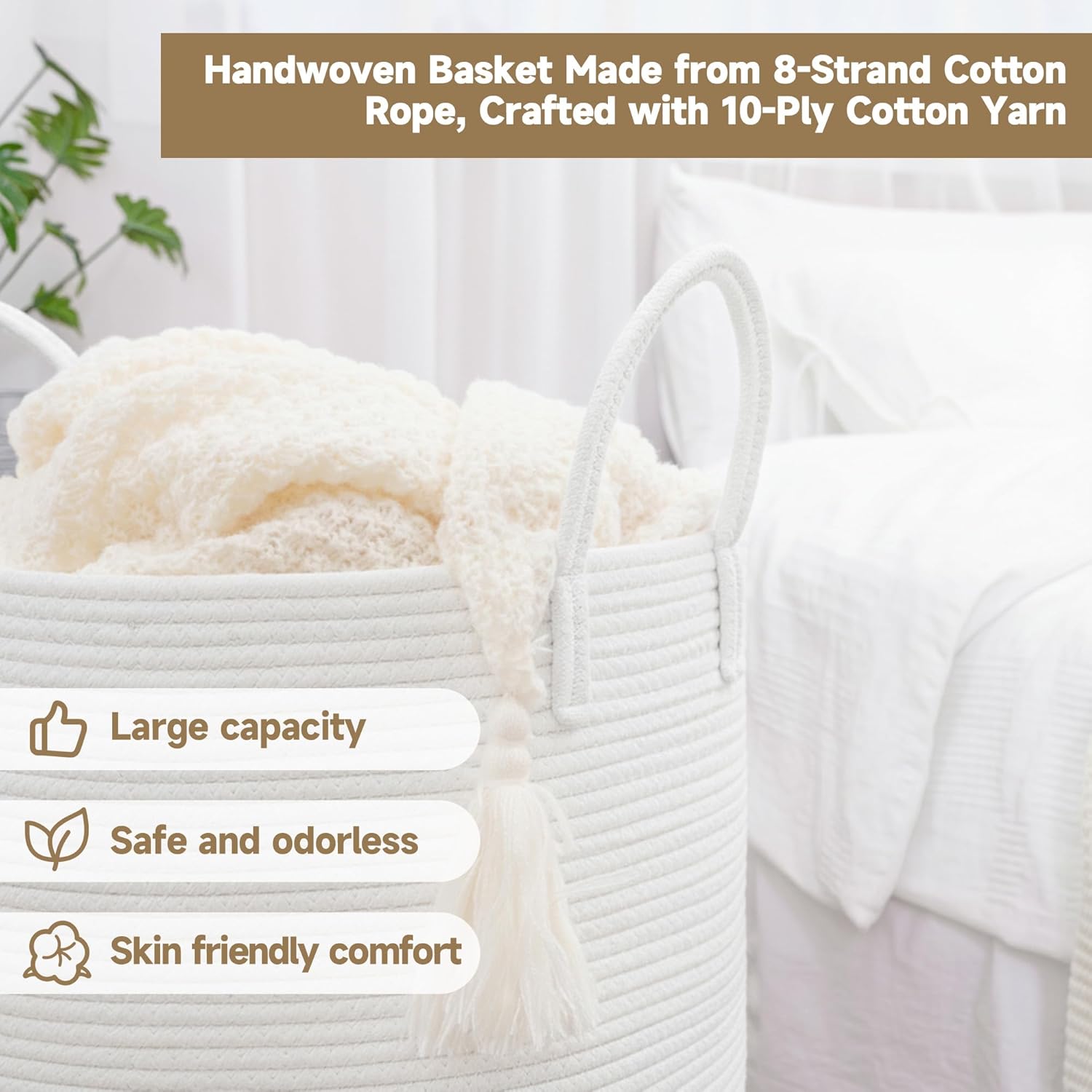 CLHMILY&Z Laundry Hamper Round Storage Rope Basket in Living Room, Bedroom, Laundry Room for Toy, Clothes, Blanket, Pillow (White, 80L)
