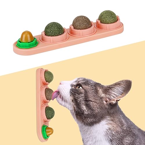 SINROBO 4 Pack Catnip Balls, Catnip Ball for Cats Wall, Edible Kitty Toys for Cats Lick, Safe Healthy Kitten Chew Toys, Teeth Cleaning Dental Cat Toys, Cat Wall Treats (Pink) - Pink