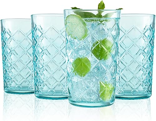 CREATIVELAND Juego de 4 vasos altos para beber, vasos de vidrio vintage de escotilla cruzada, vasos de agua potable de 16.2 onzas de alto, aptos